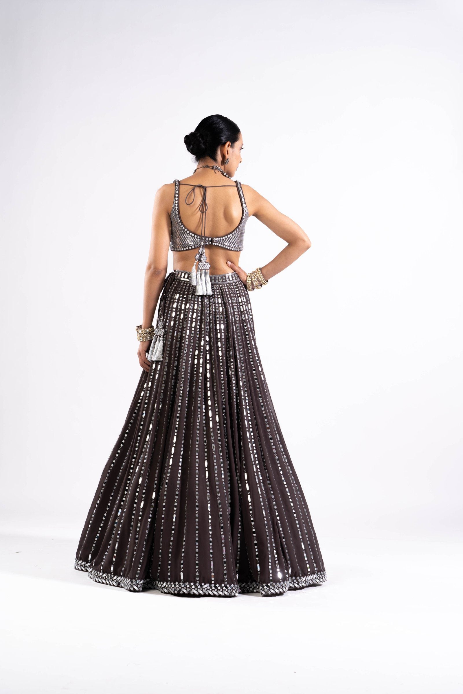 Charcoal Grey Linear Drop Lehenga With Metallic Blouse