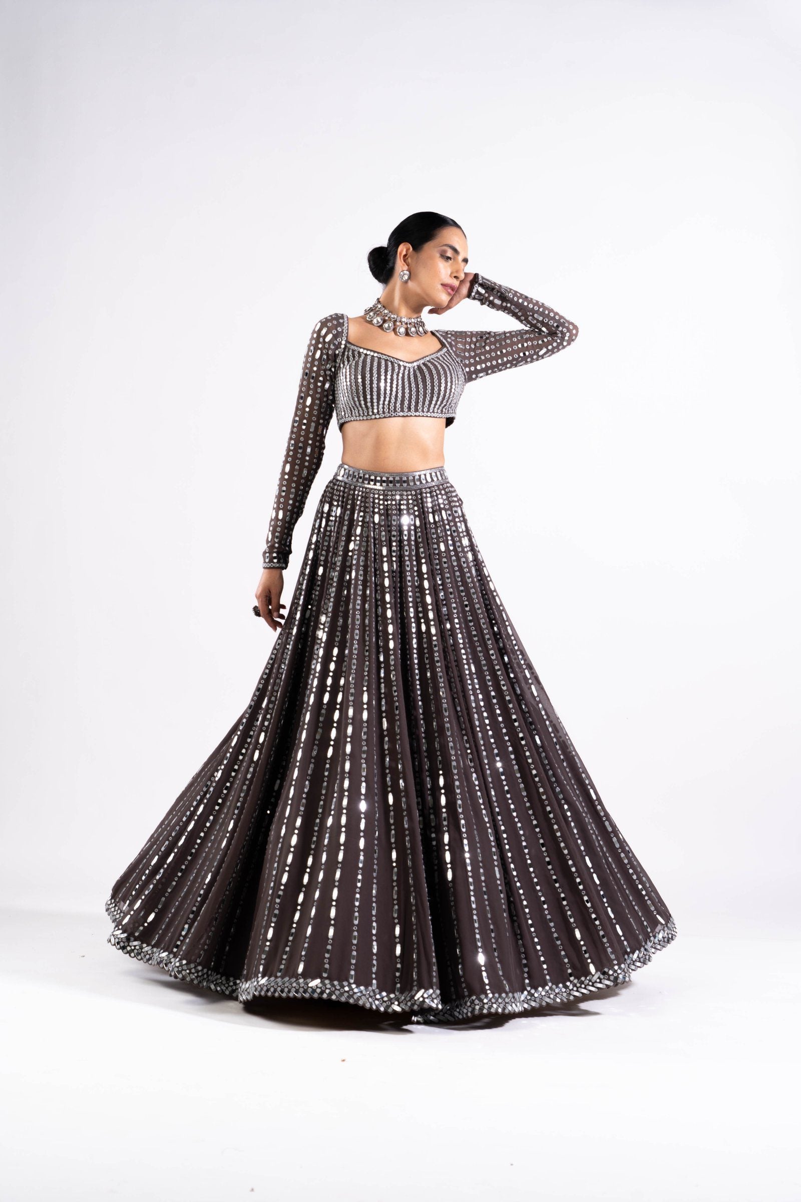 Charcoal Grey Linear Drop Lehenga Set