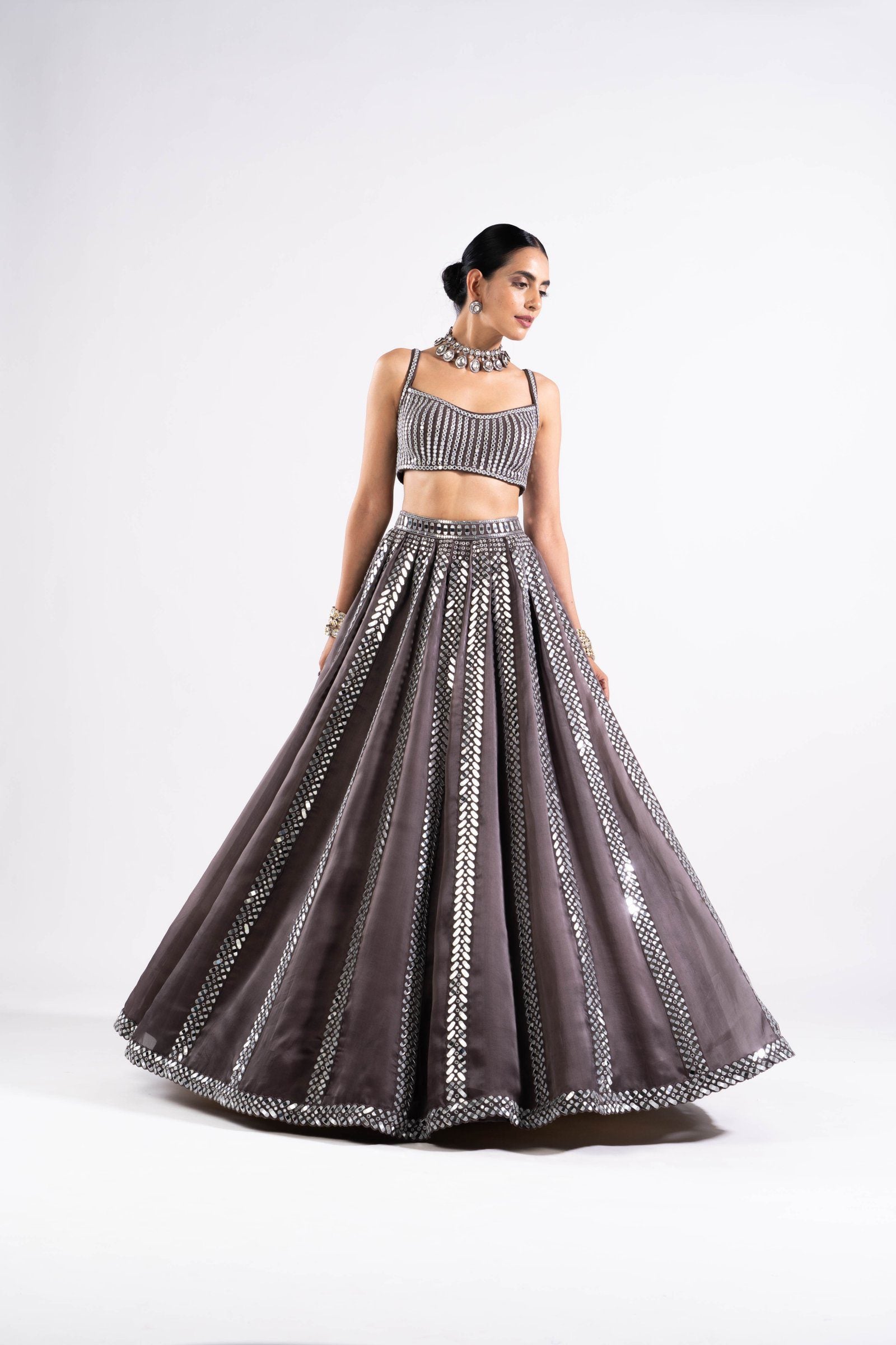 Charcoal Grey Mirror Seam Lehenga With Mirror Blouse