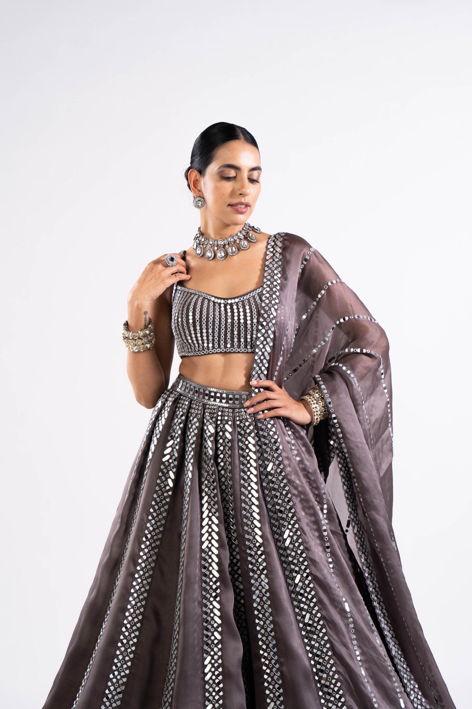 Charcoal Grey Mirror Seam Lehenga With Mirror Blouse