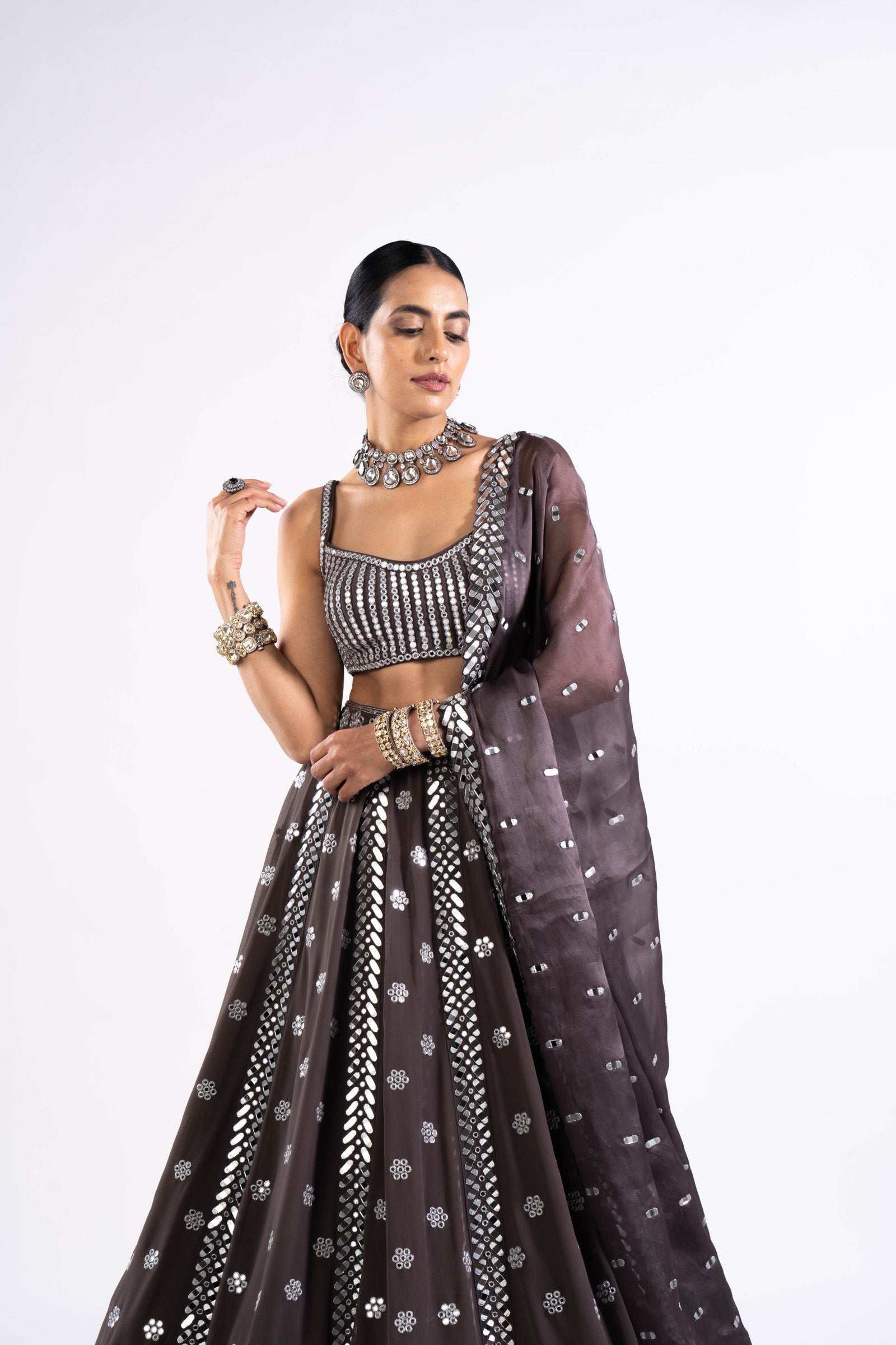 Charcoal Grey Flower Lehenga Set