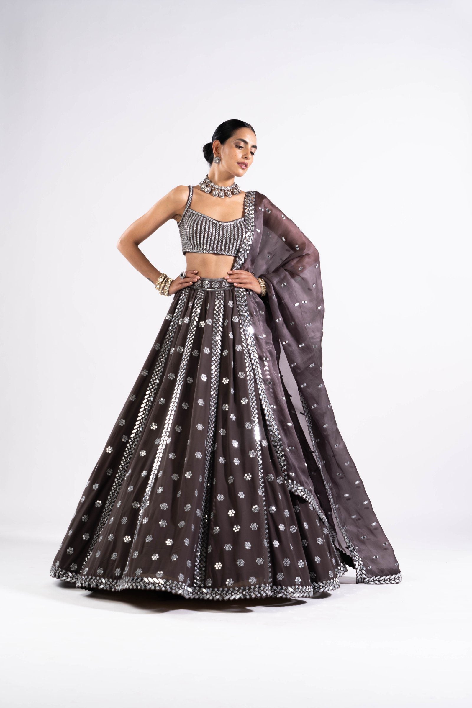 Charcoal Grey Flower Lehenga Set