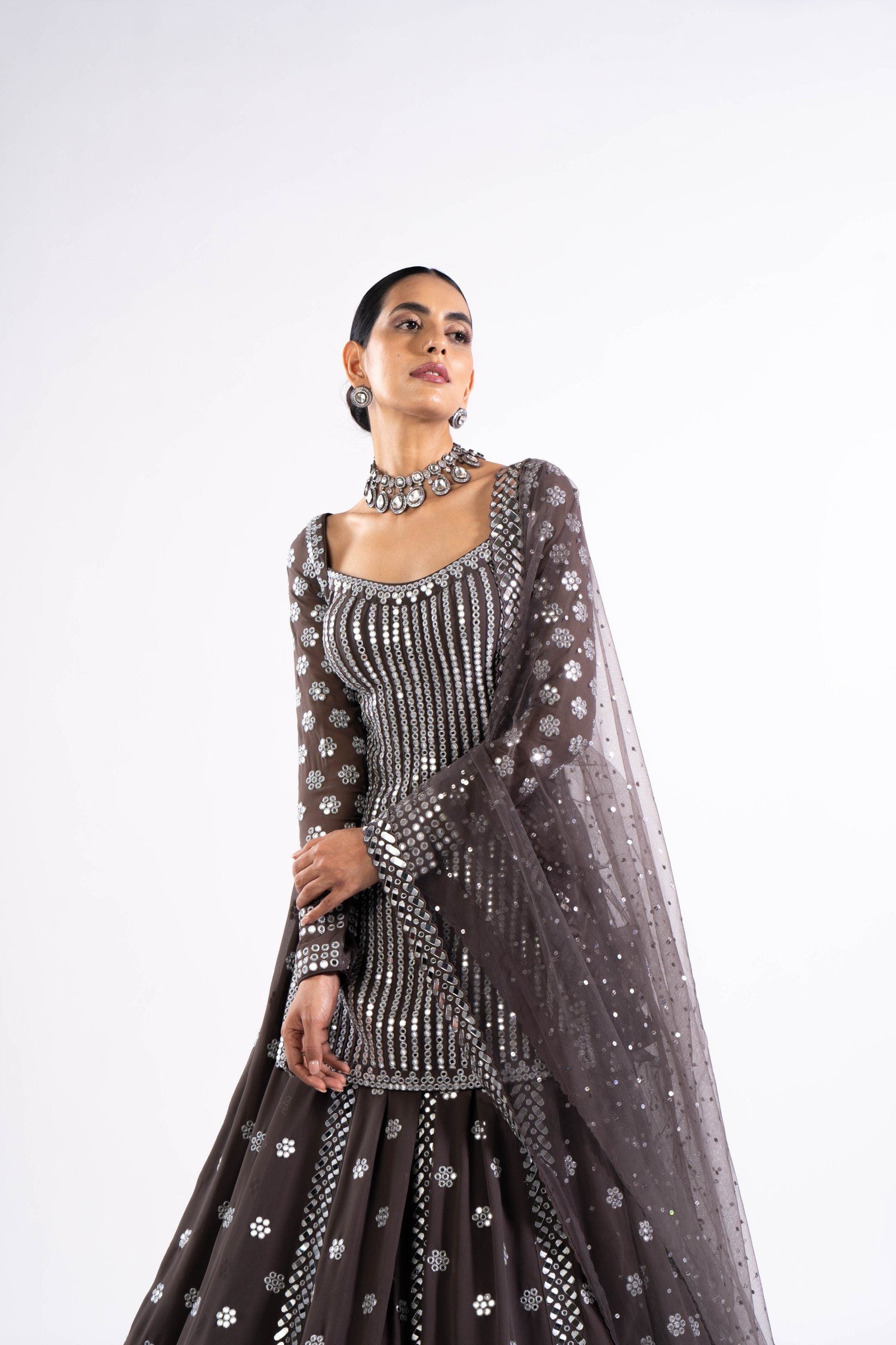 Charcoal Grey Mirror Work Kurta Lehenga Set