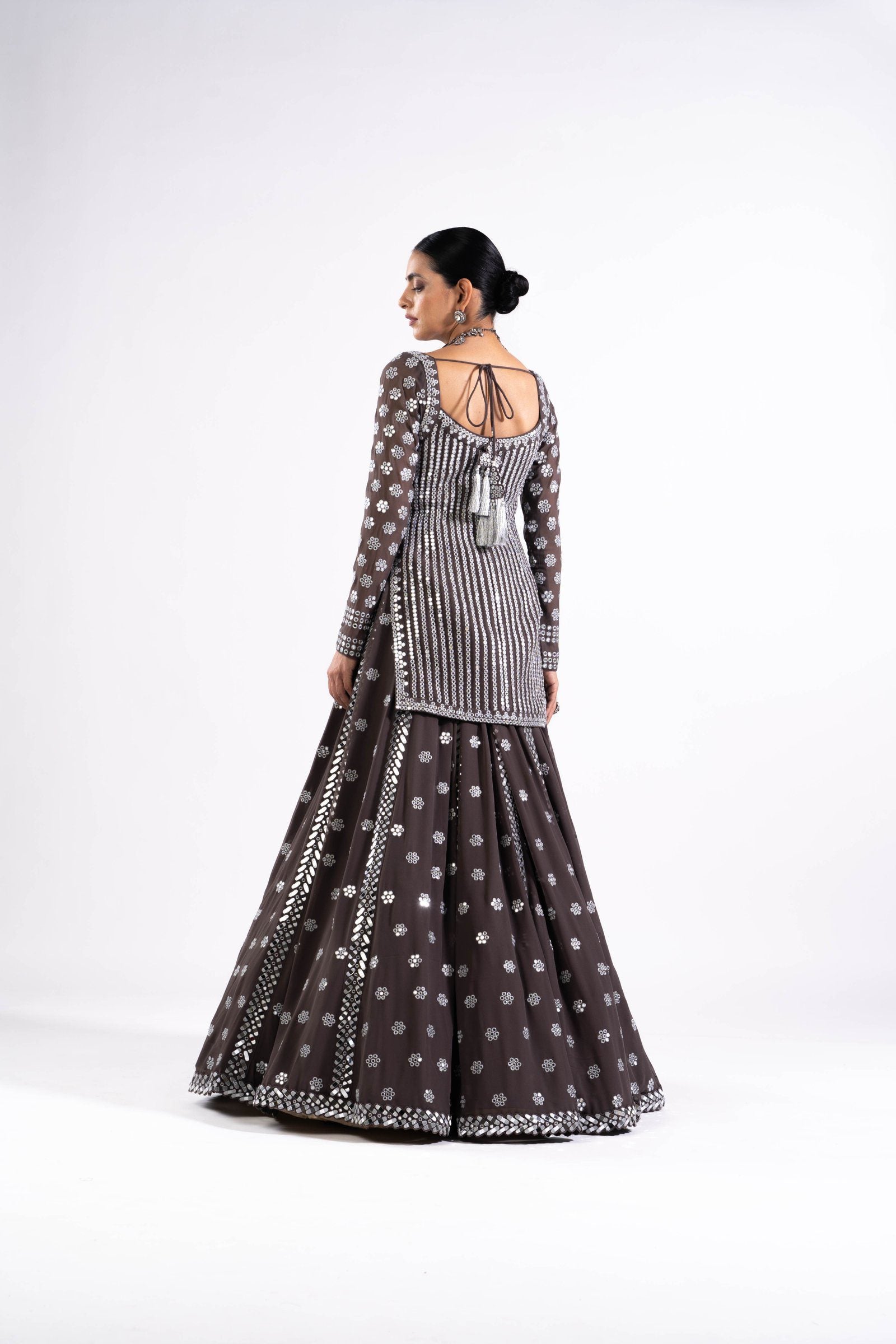 Charcoal Grey Mirror Work Kurta Lehenga Set