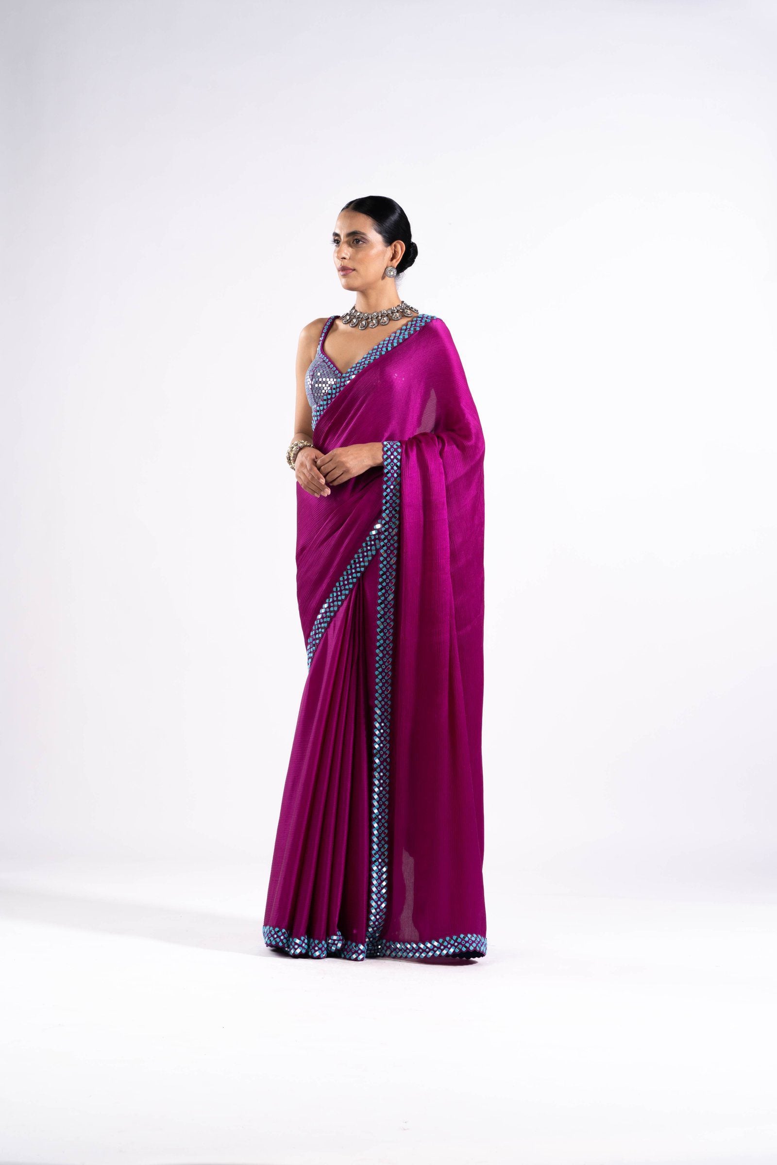 Pop Wine Satin Chiffon Saree Set