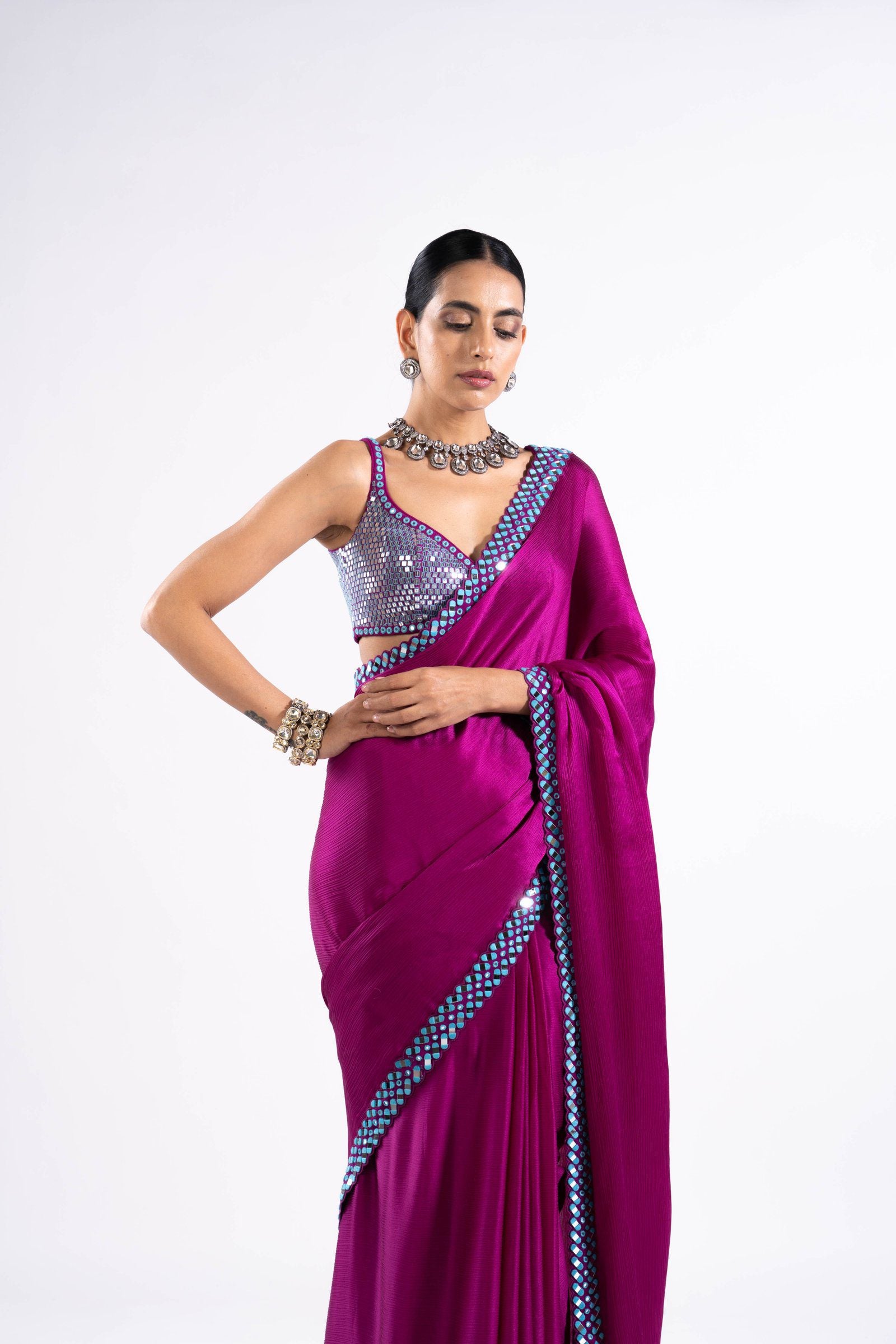 Pop Wine Satin Chiffon Saree Set