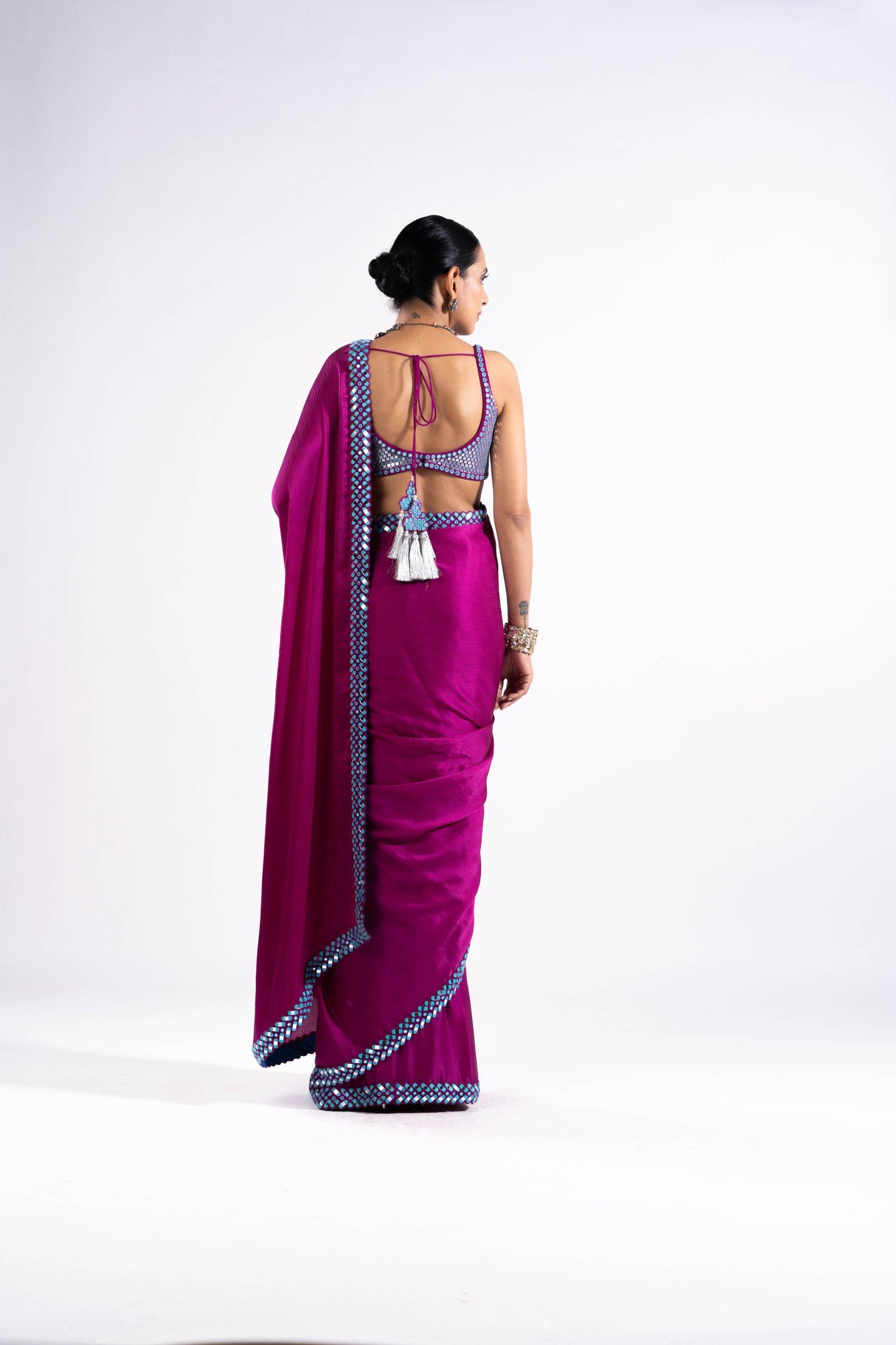 Pop Wine Satin Chiffon Saree Set