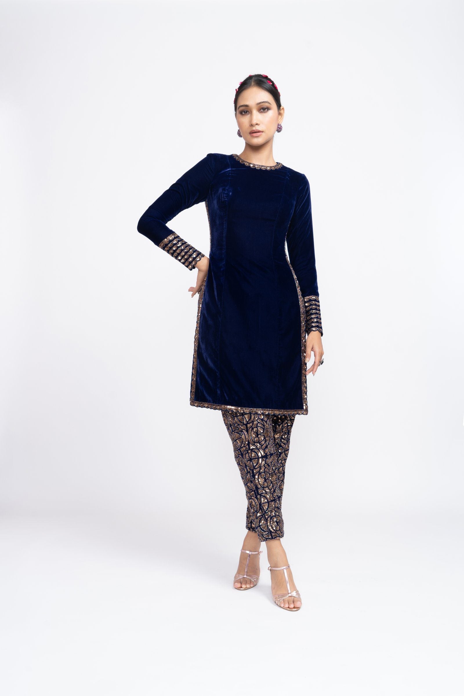 Navy Blue Velvet Kurta Set