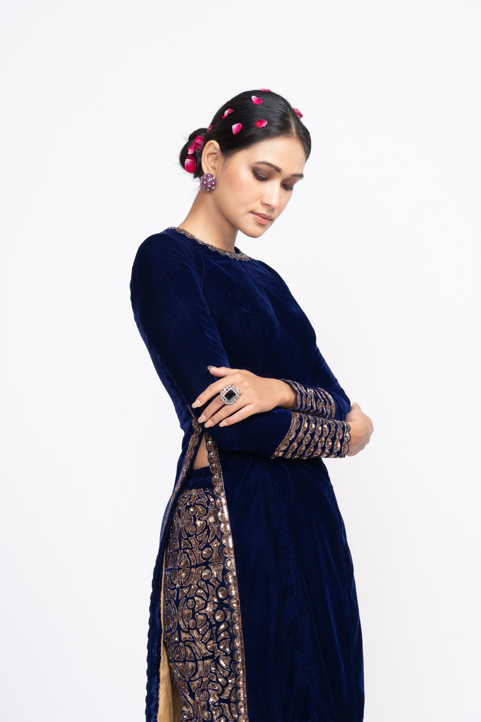 Navy Blue Velvet Kurta Set