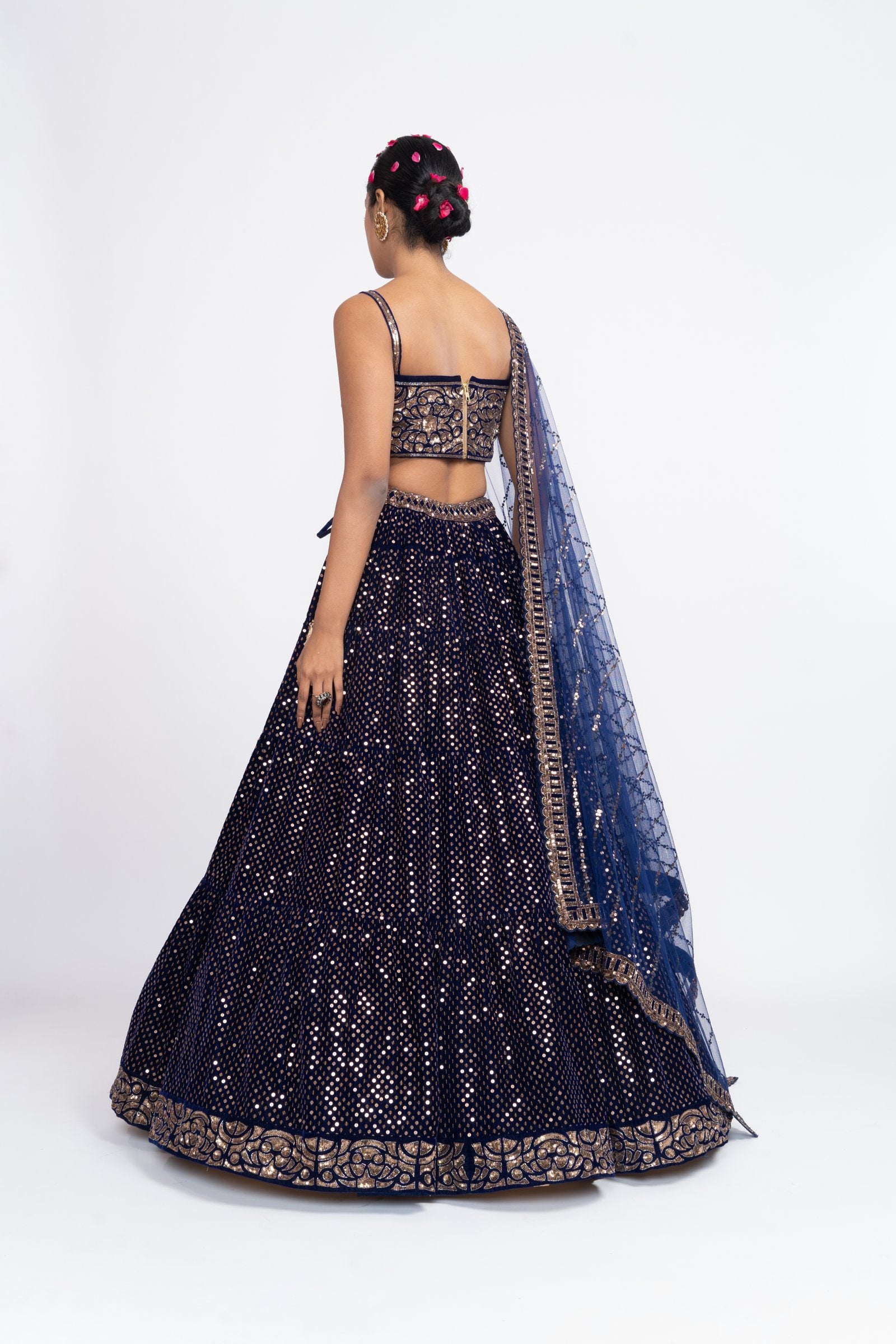 Navy Blue Dense Dot Corset Lehenga Set