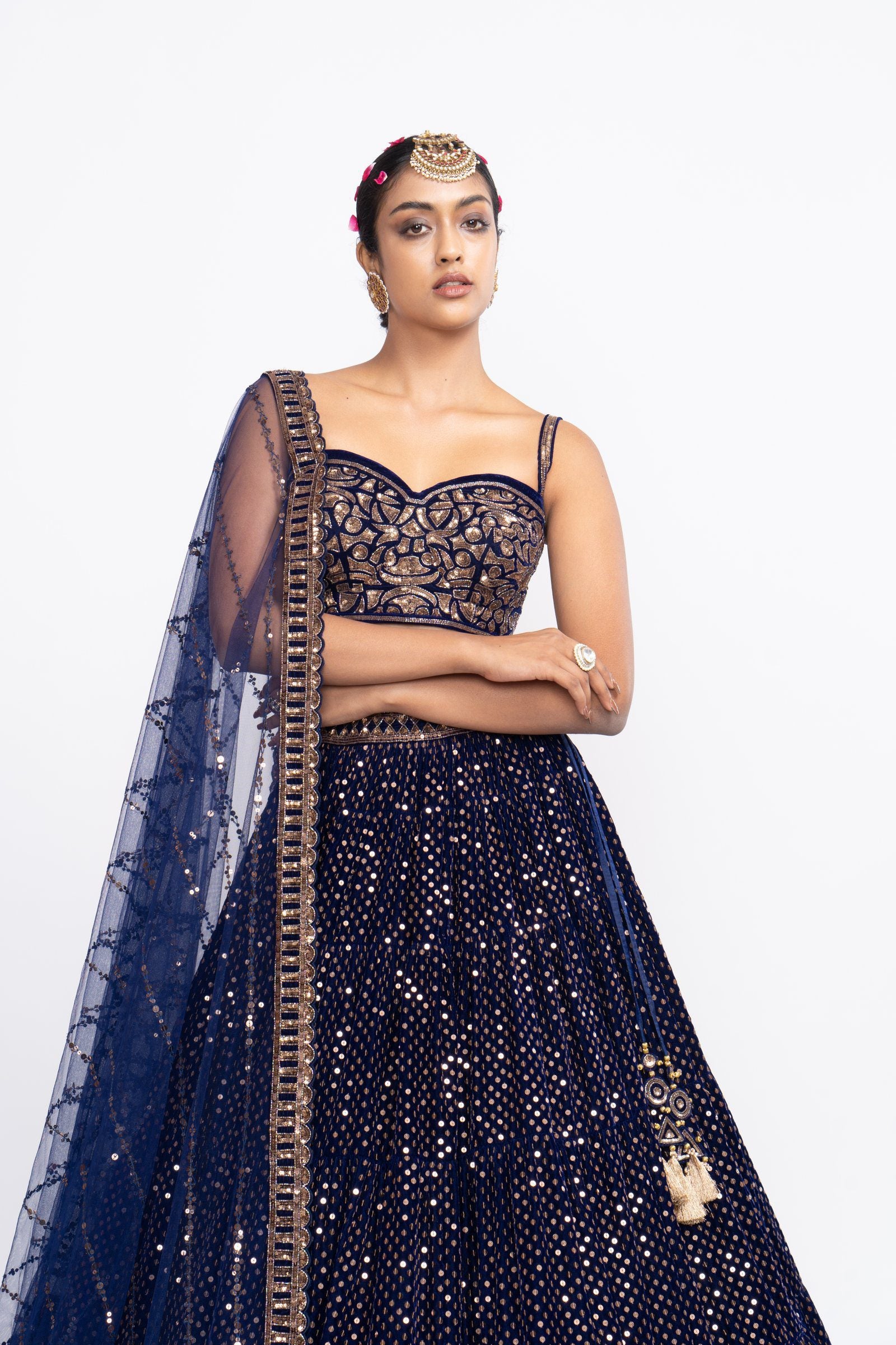 Navy Blue Dense Dot Corset Lehenga Set