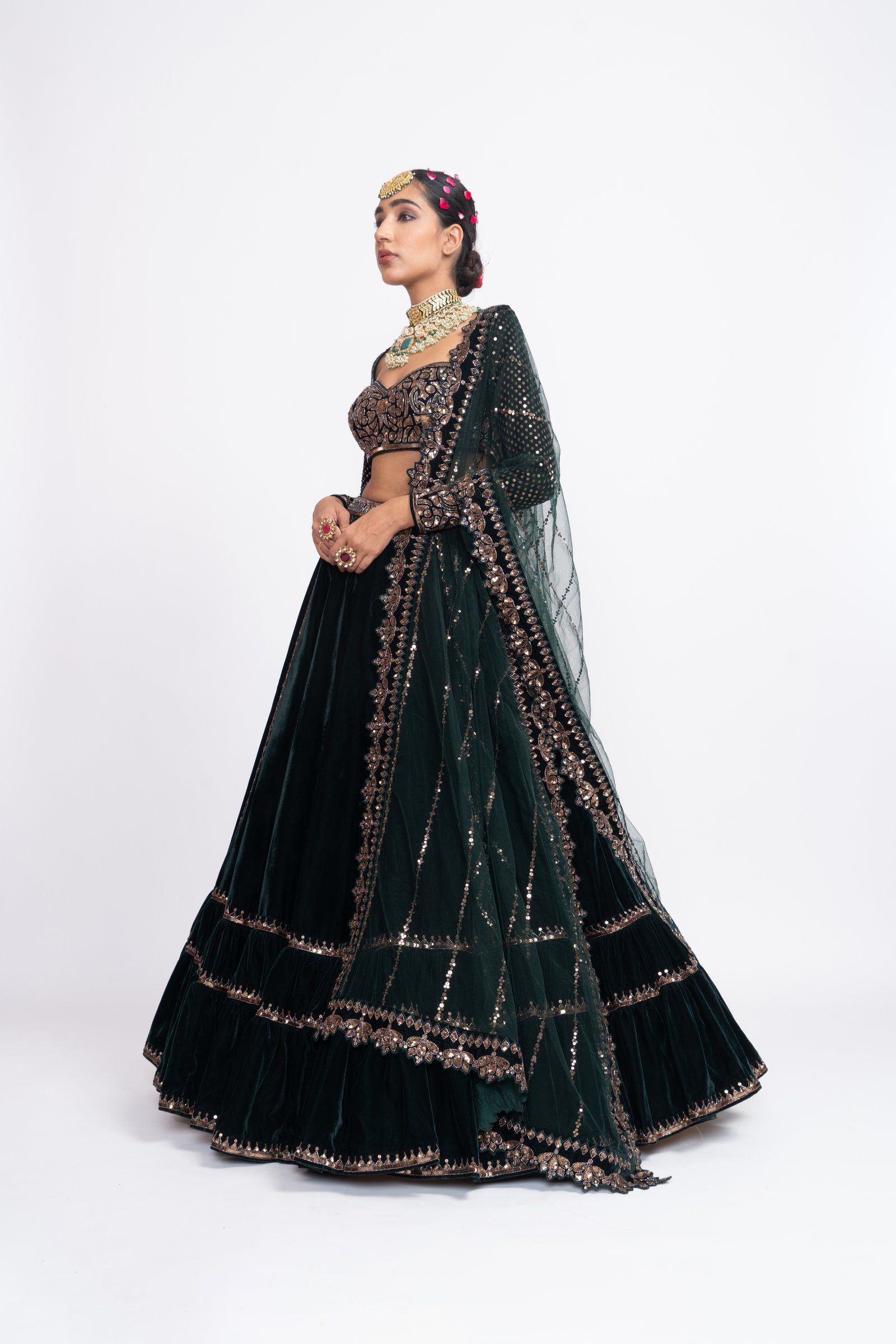 Deep Green Double Tier Lehenga Set