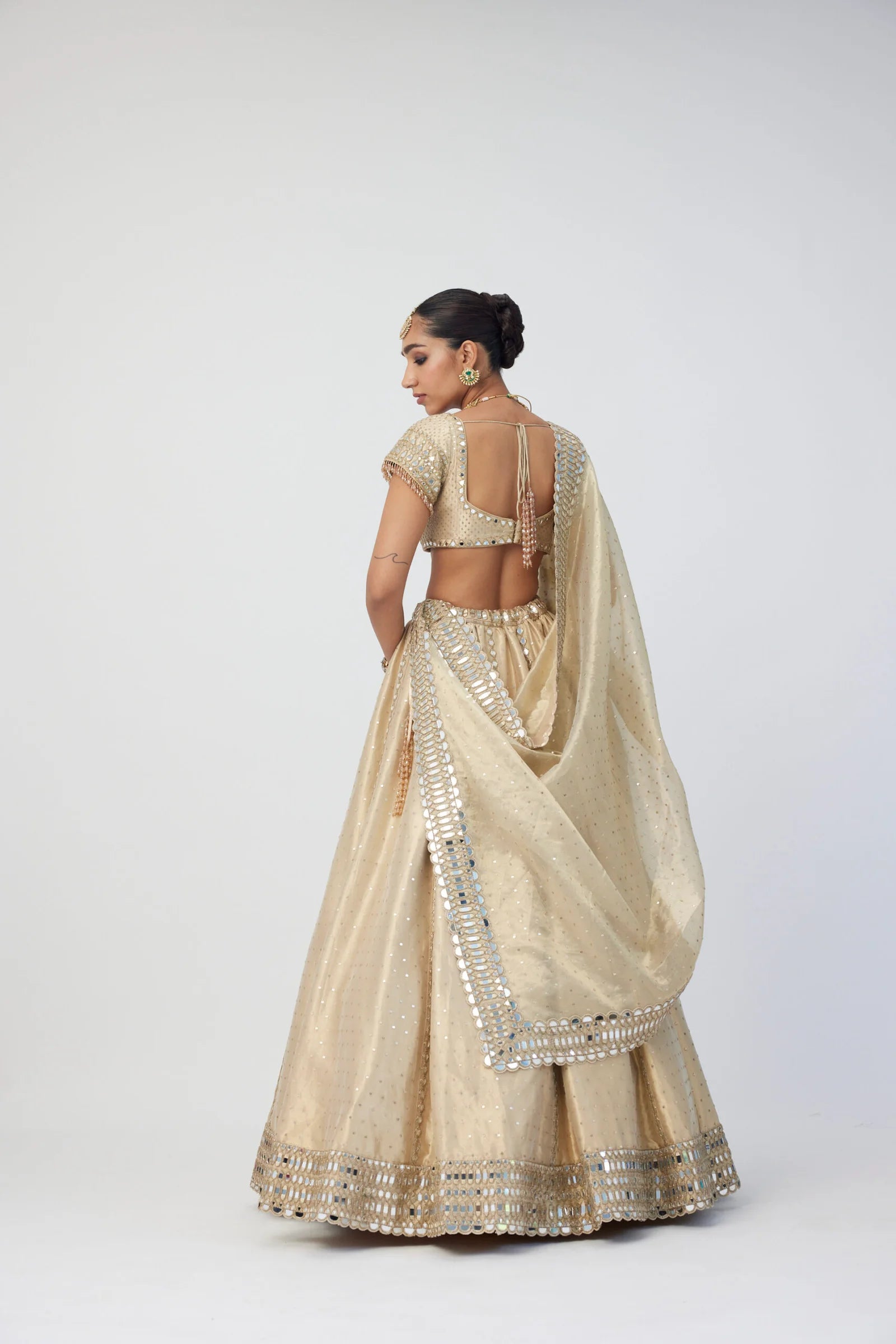 Golden Shimmer Organza Linear Lehenga Set