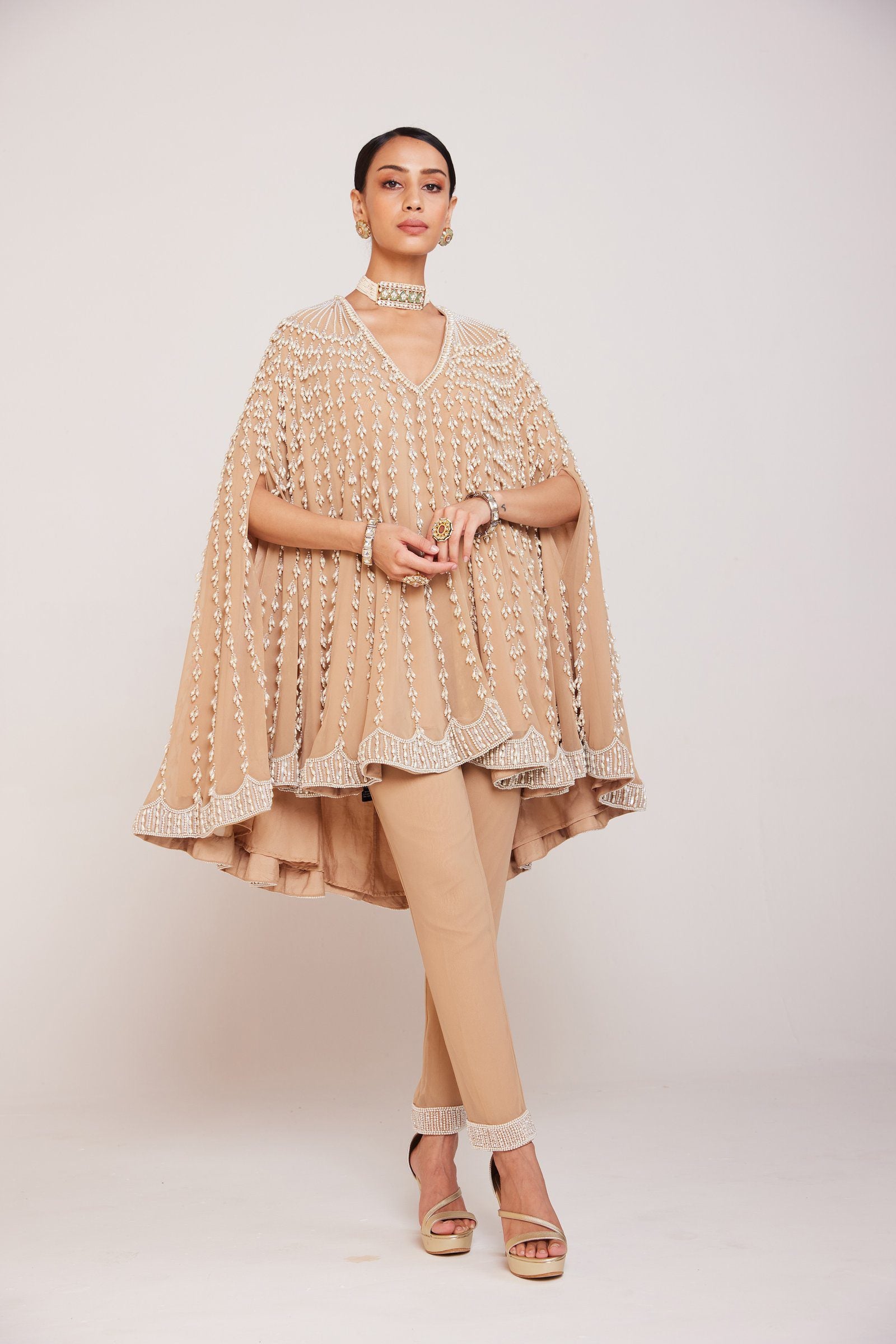 Beige Asymmetrical Cape Set