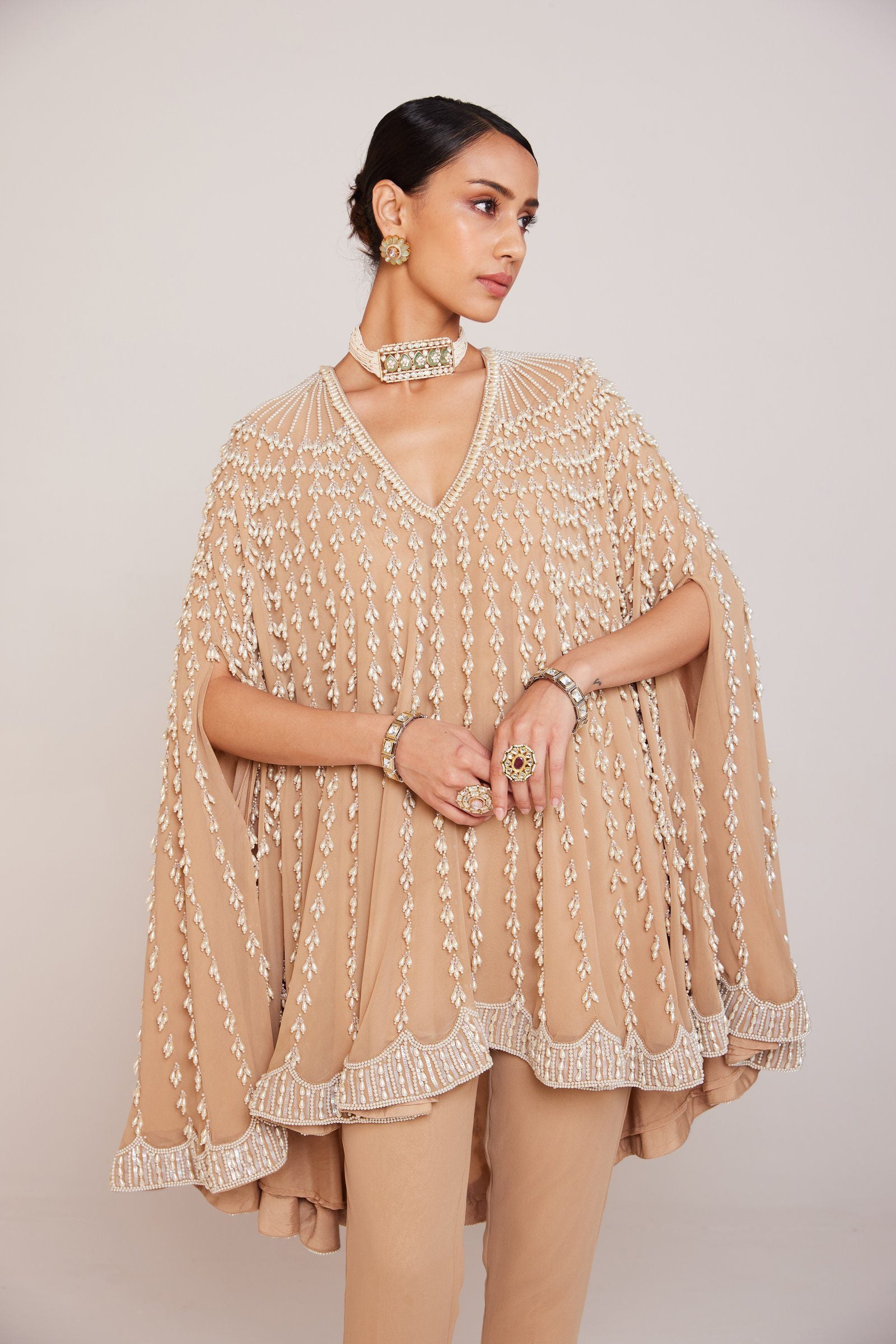 Beige Asymmetrical Cape Set