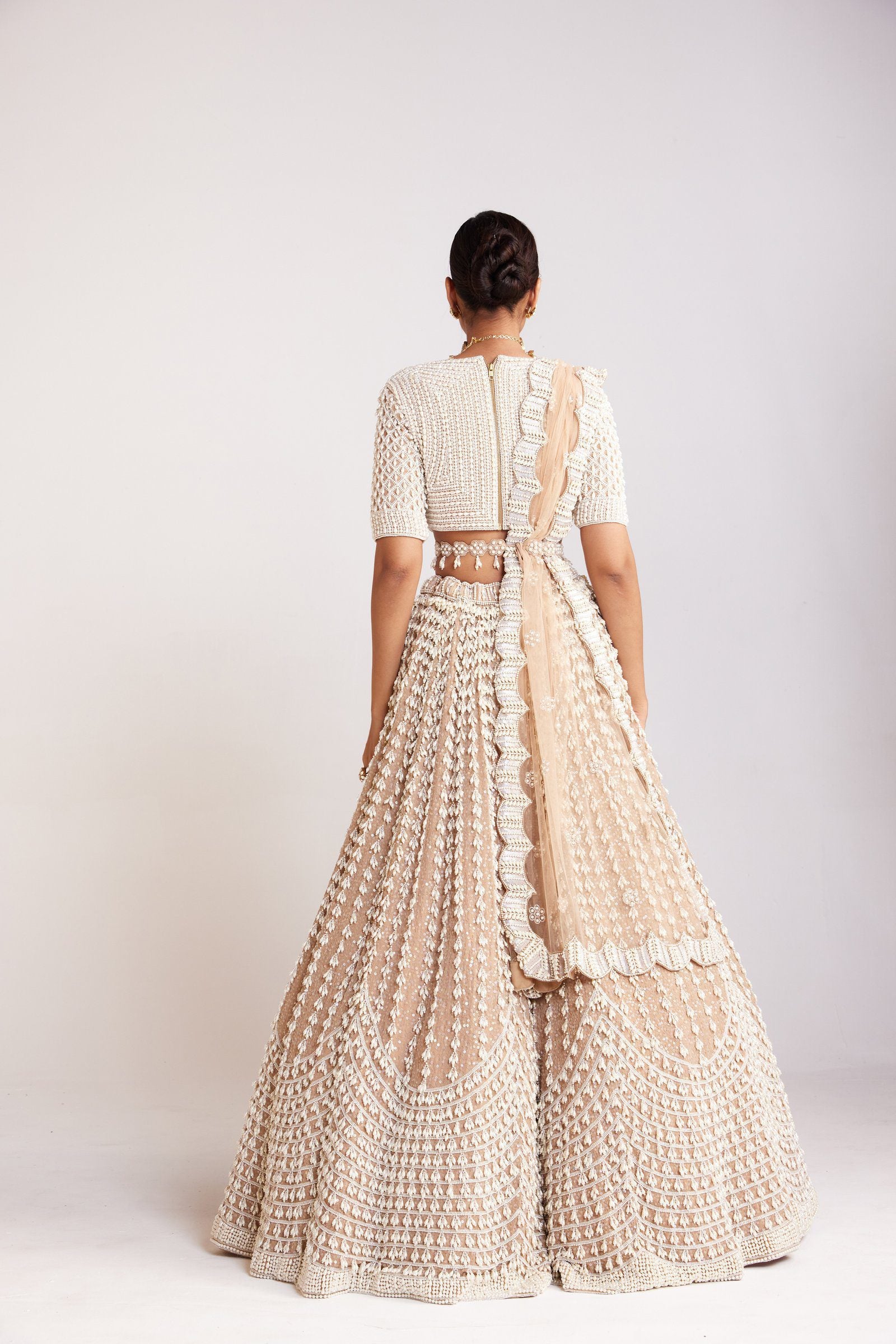 Beige V Neck Chandelier Pearl Lehenga Set