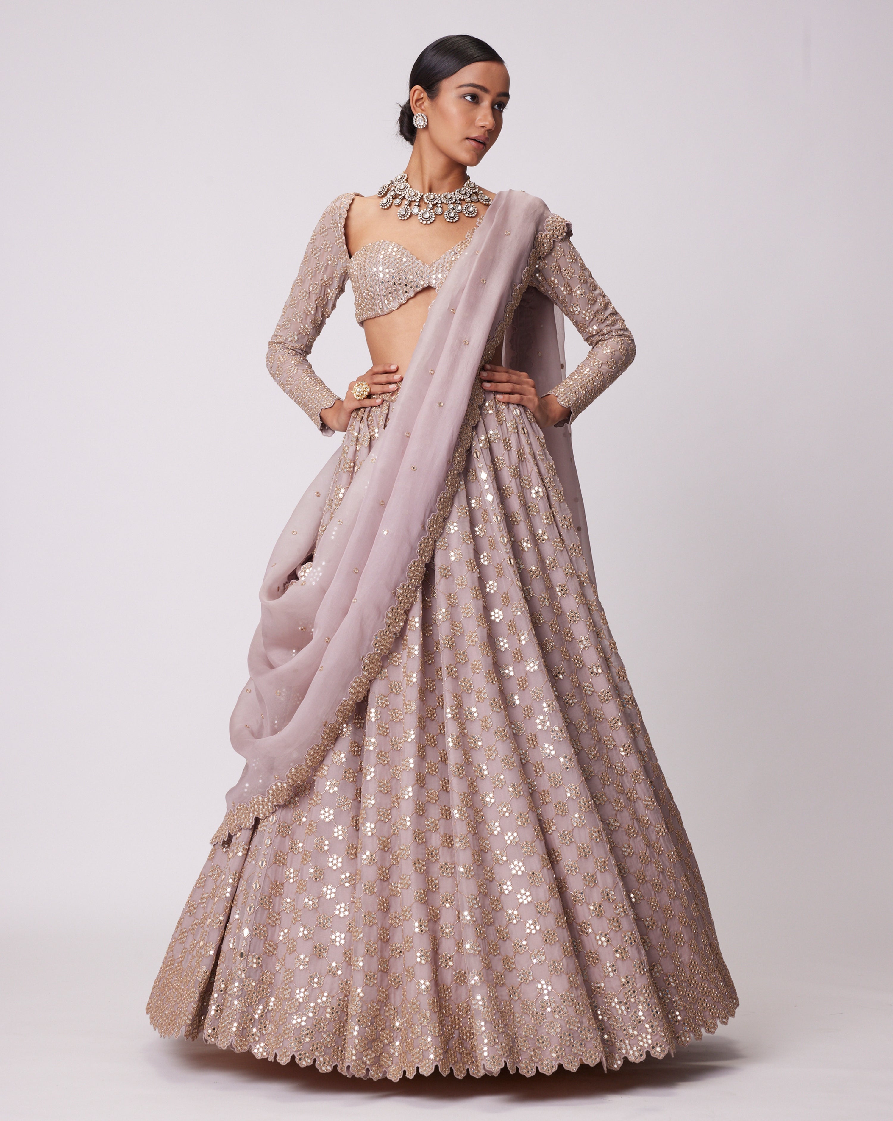 Ash Pink Flower Embroidered Lehenga Set