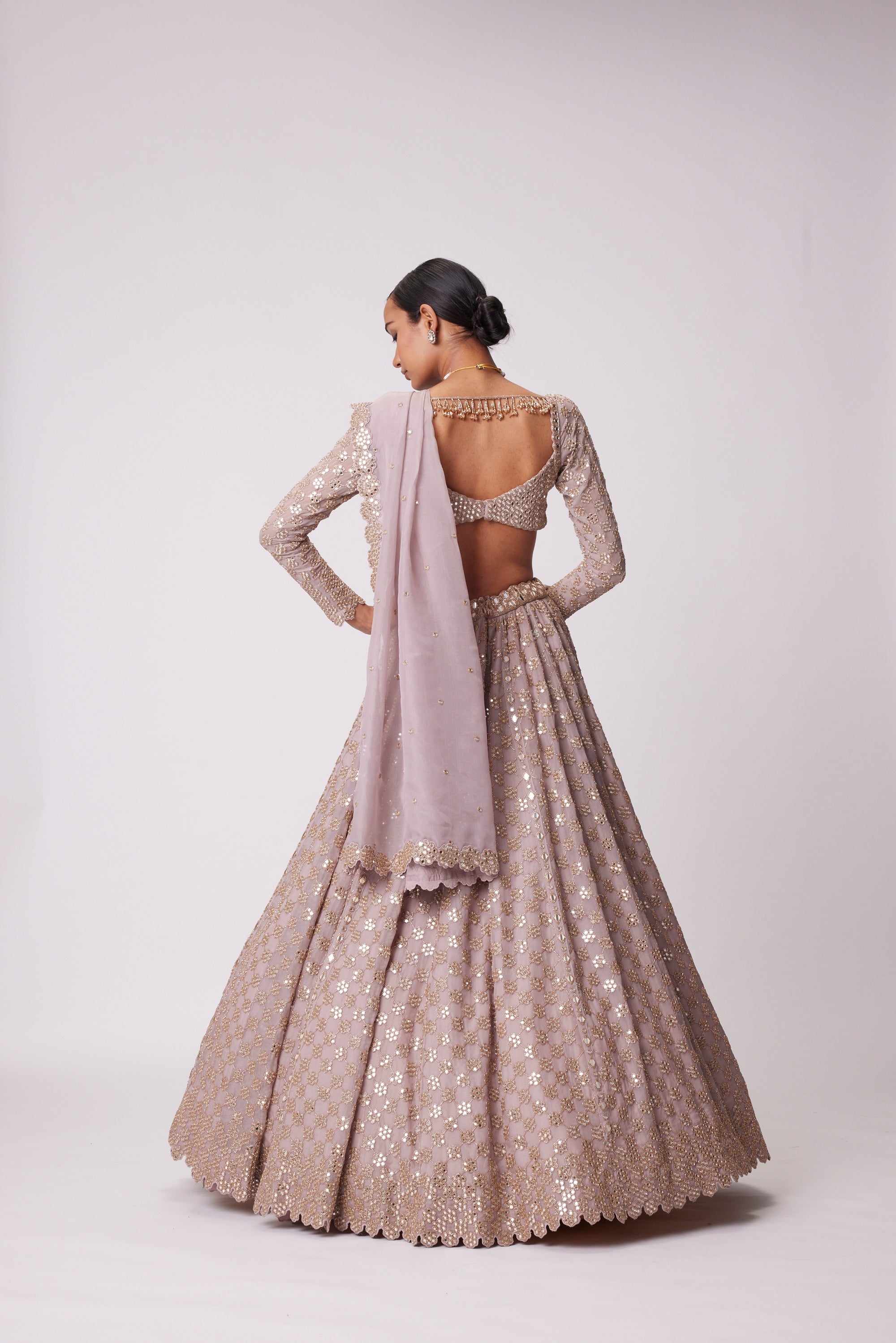 Ash Pink Flower Embroidered Lehenga Set