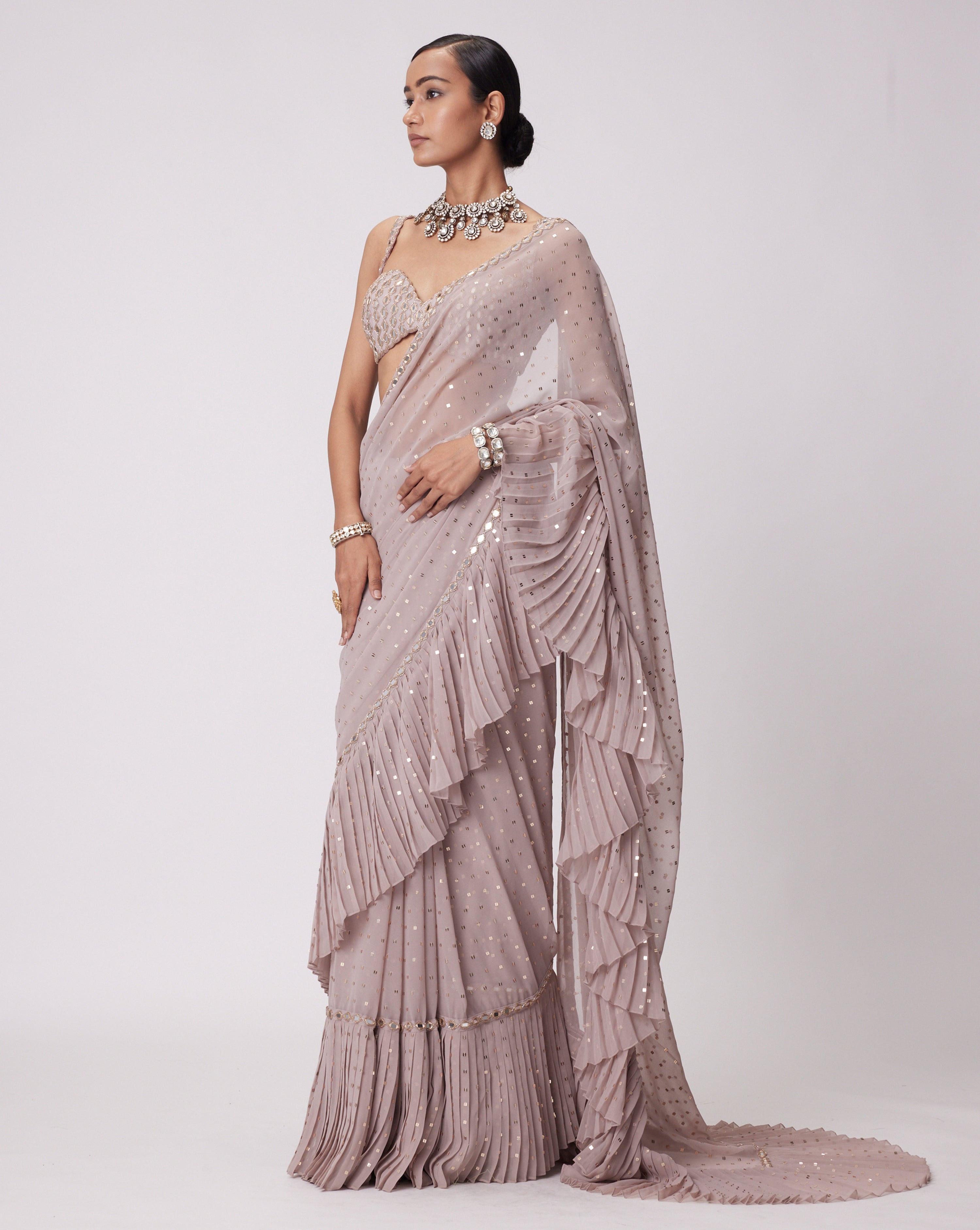 Ash Pink Frill Saree Set