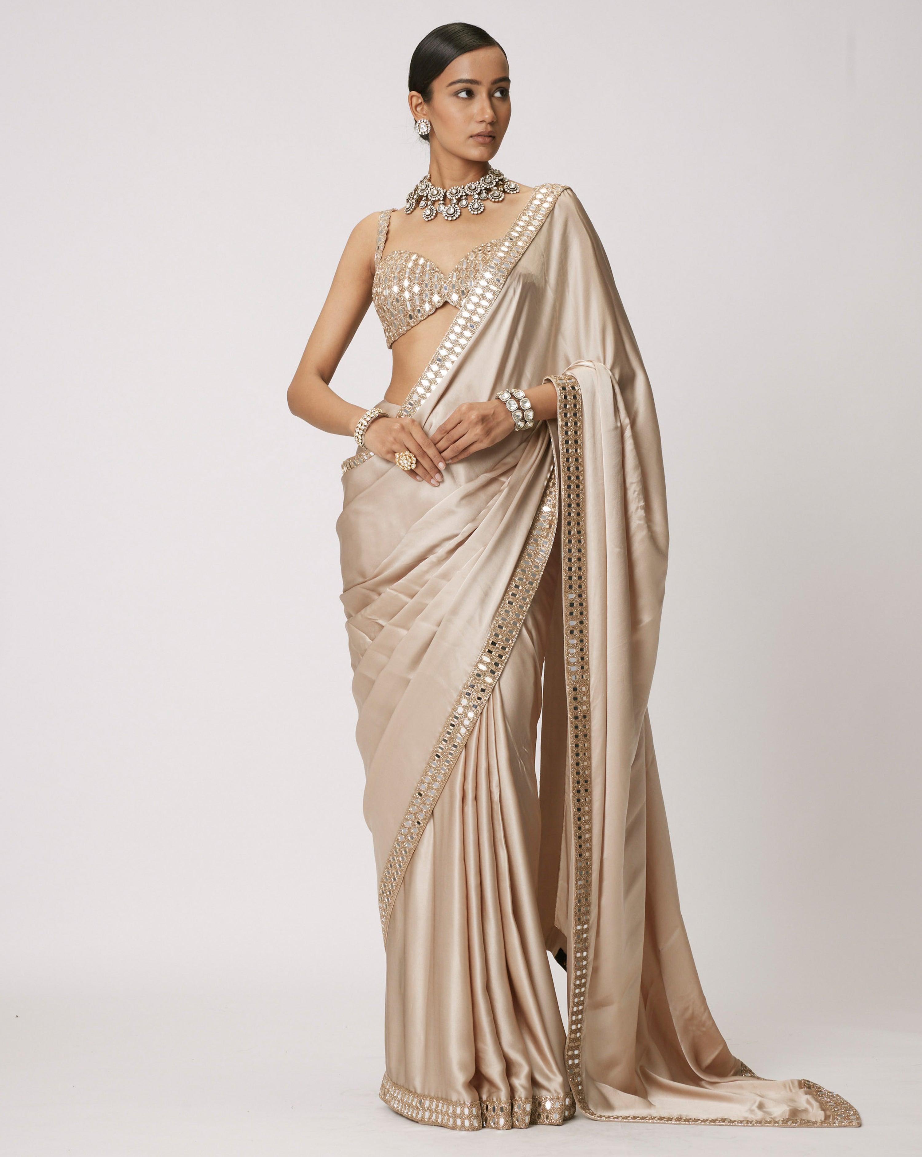 Light Beige Satin Saree Set