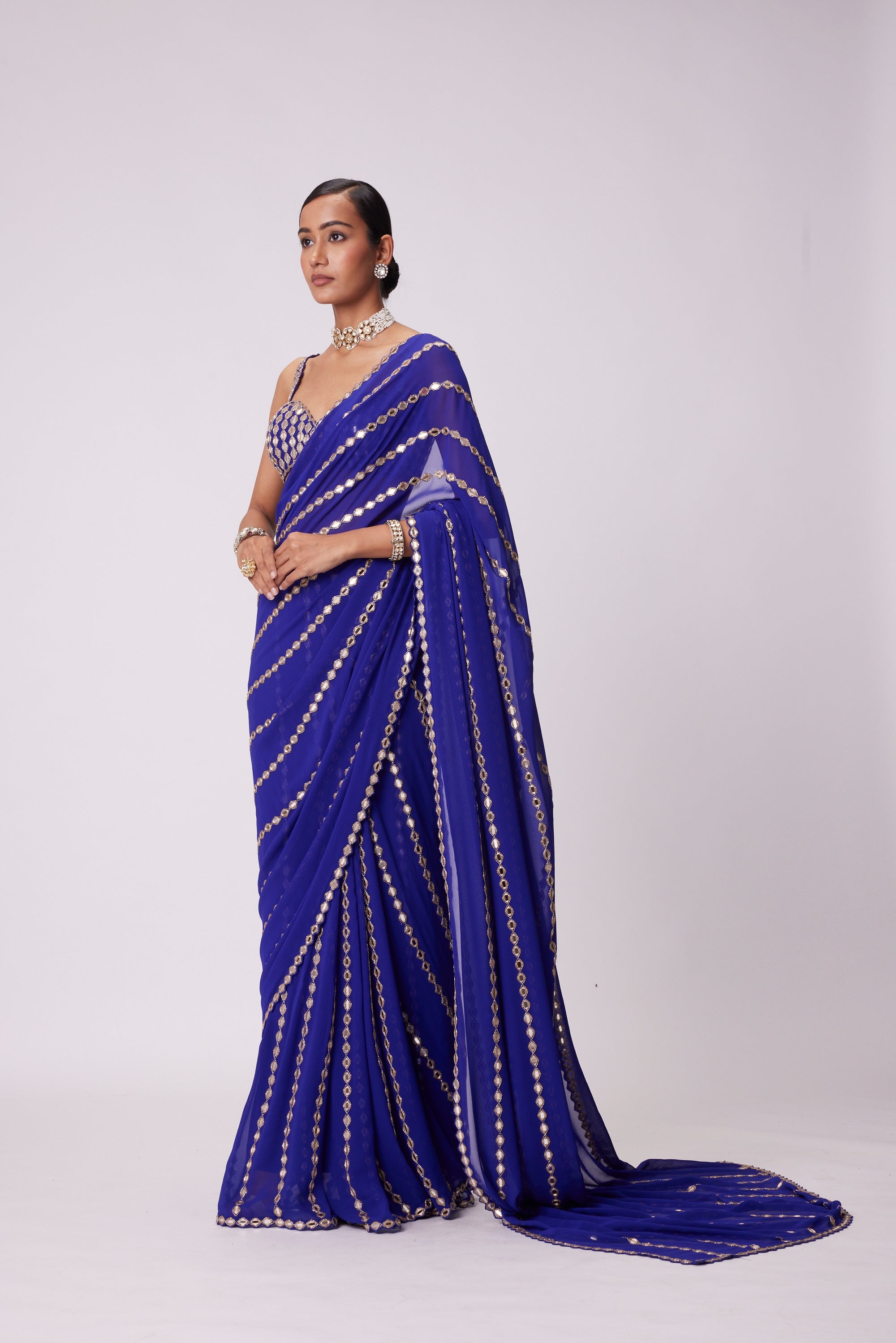 Persian Blue Linear Embroidery Georgette Saree Set