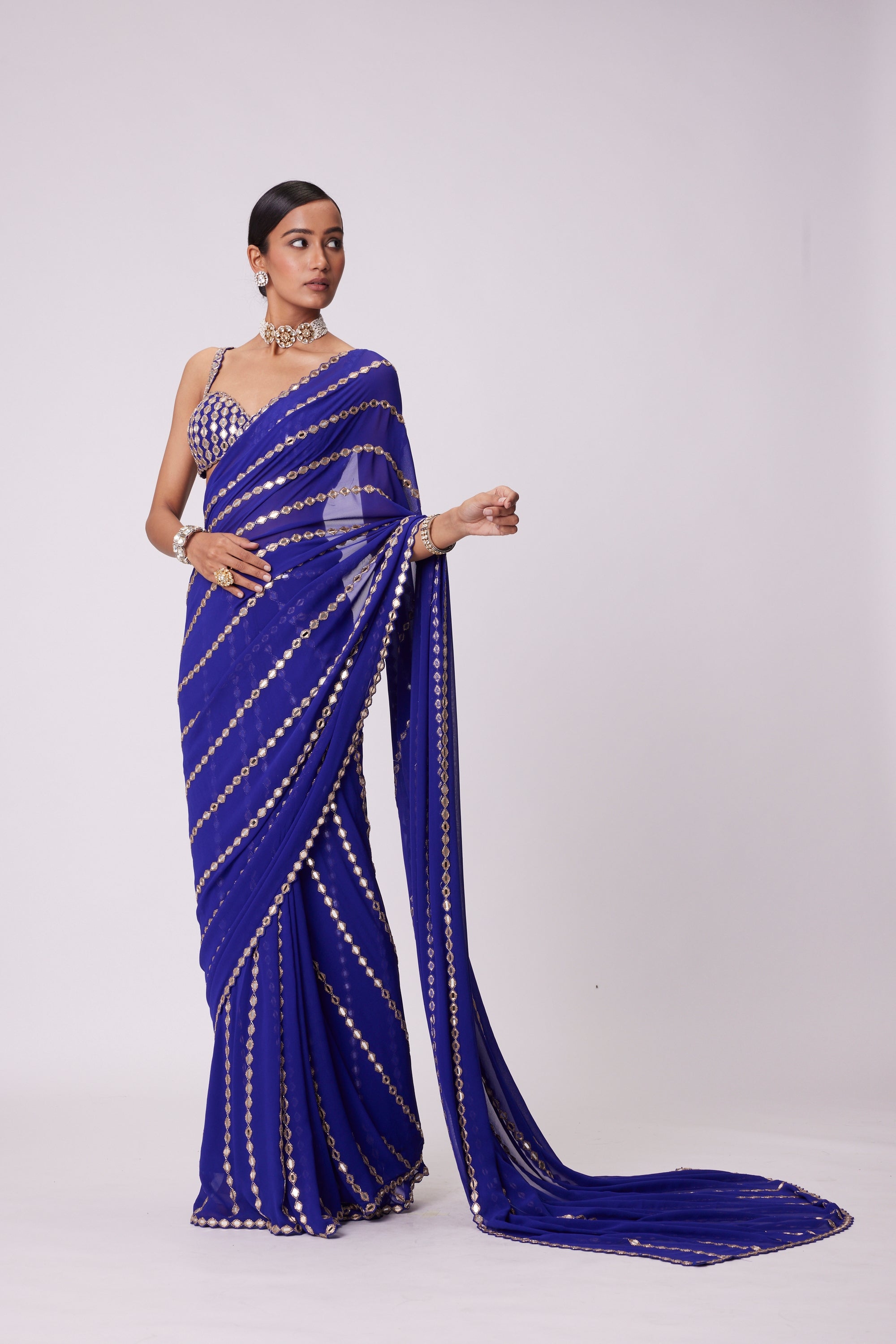 Persian Blue Linear Embroidery Georgette Saree Set