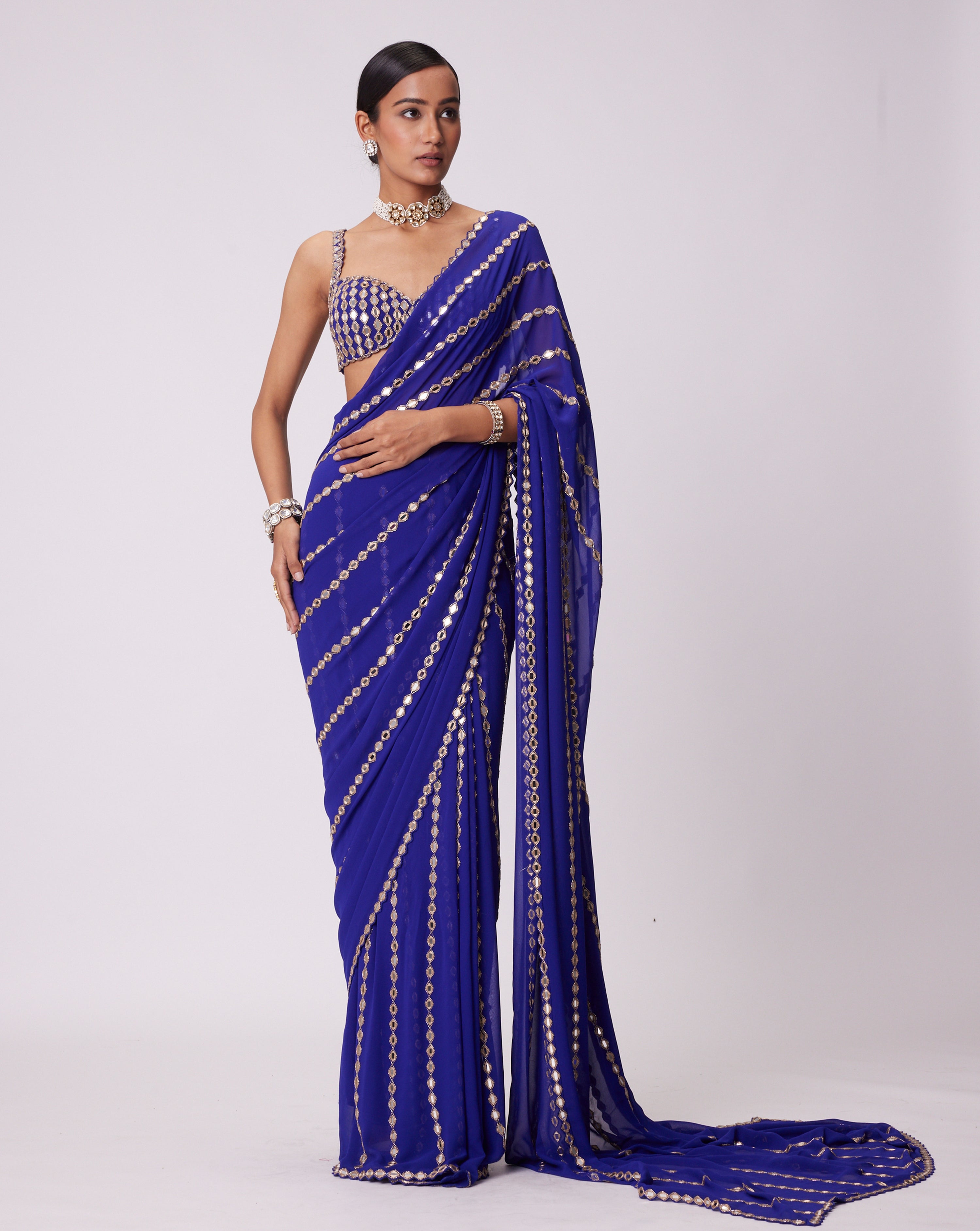 Persian Blue Linear Embroidery Georgette Saree Set