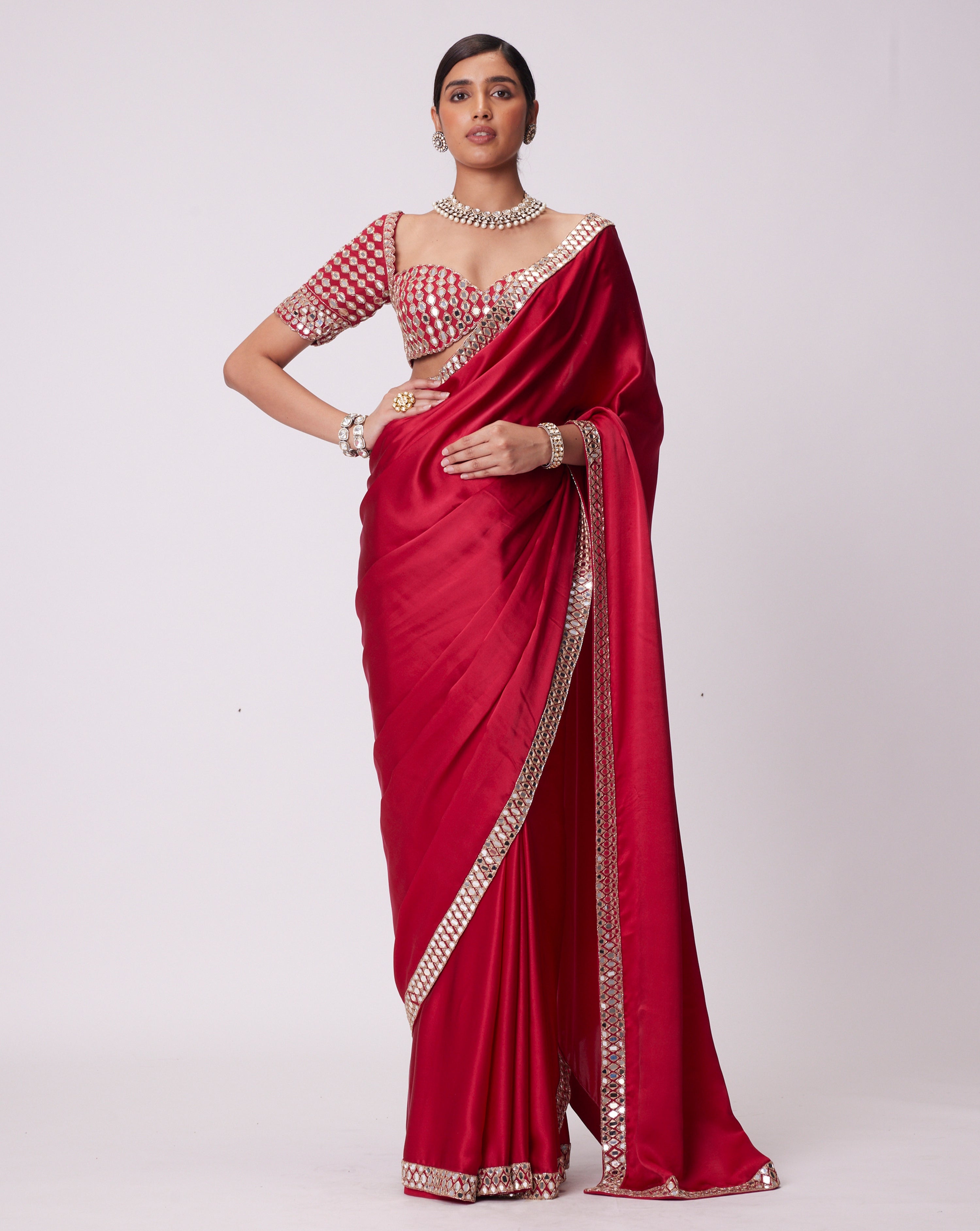 Crimson Red Satin Mirror Embroidered Saree Set