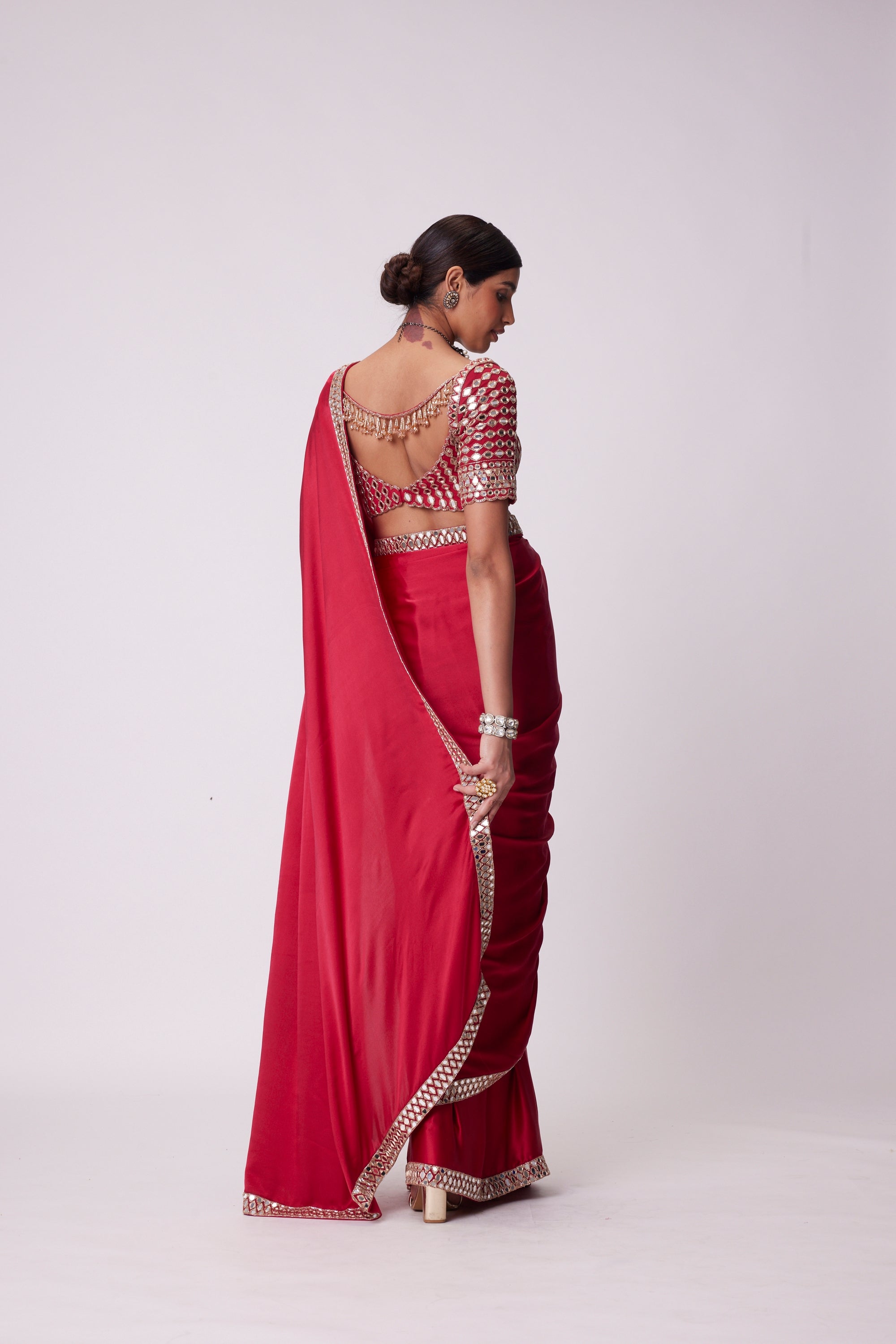 Crimson Red Satin Mirror Embroidered Saree Set