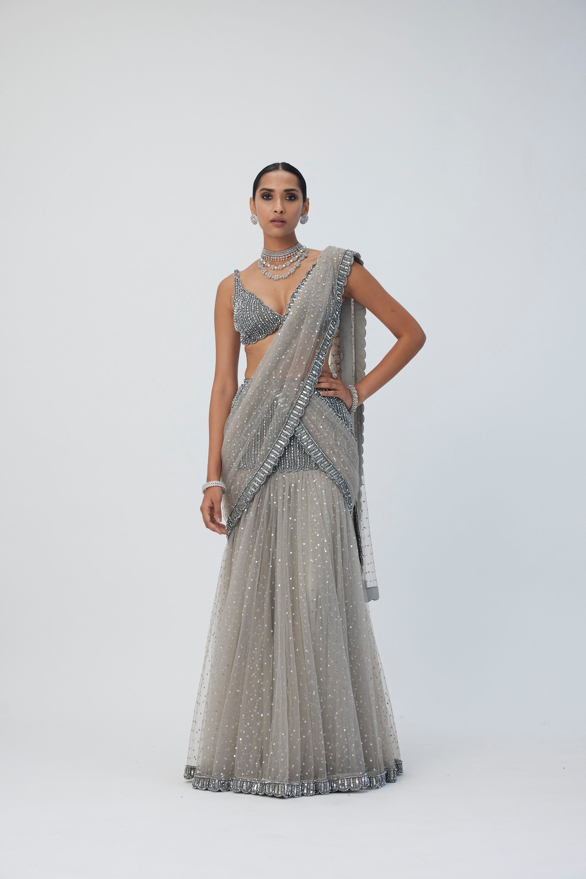 Crystal Grey Sequin Scattered Pre Draped Saree Set