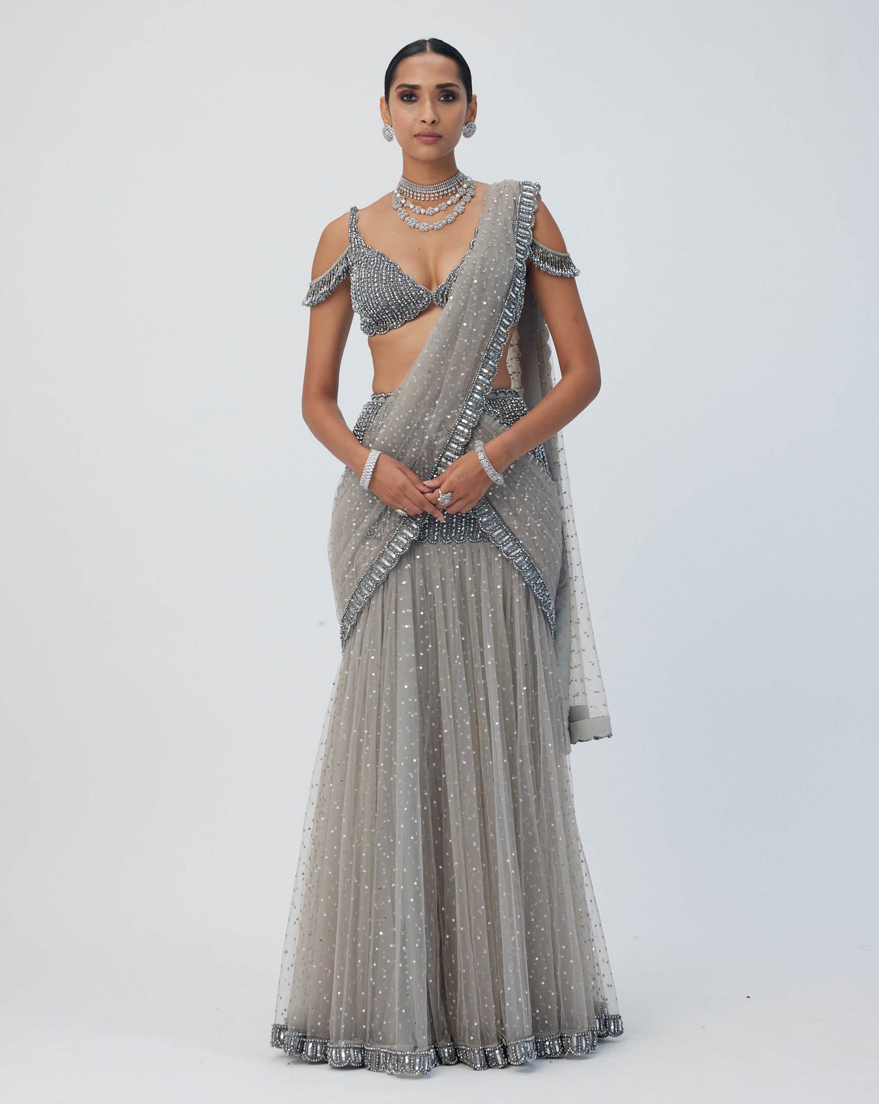 Crystal Grey Sequin Scattered Pre Draped Saree Set