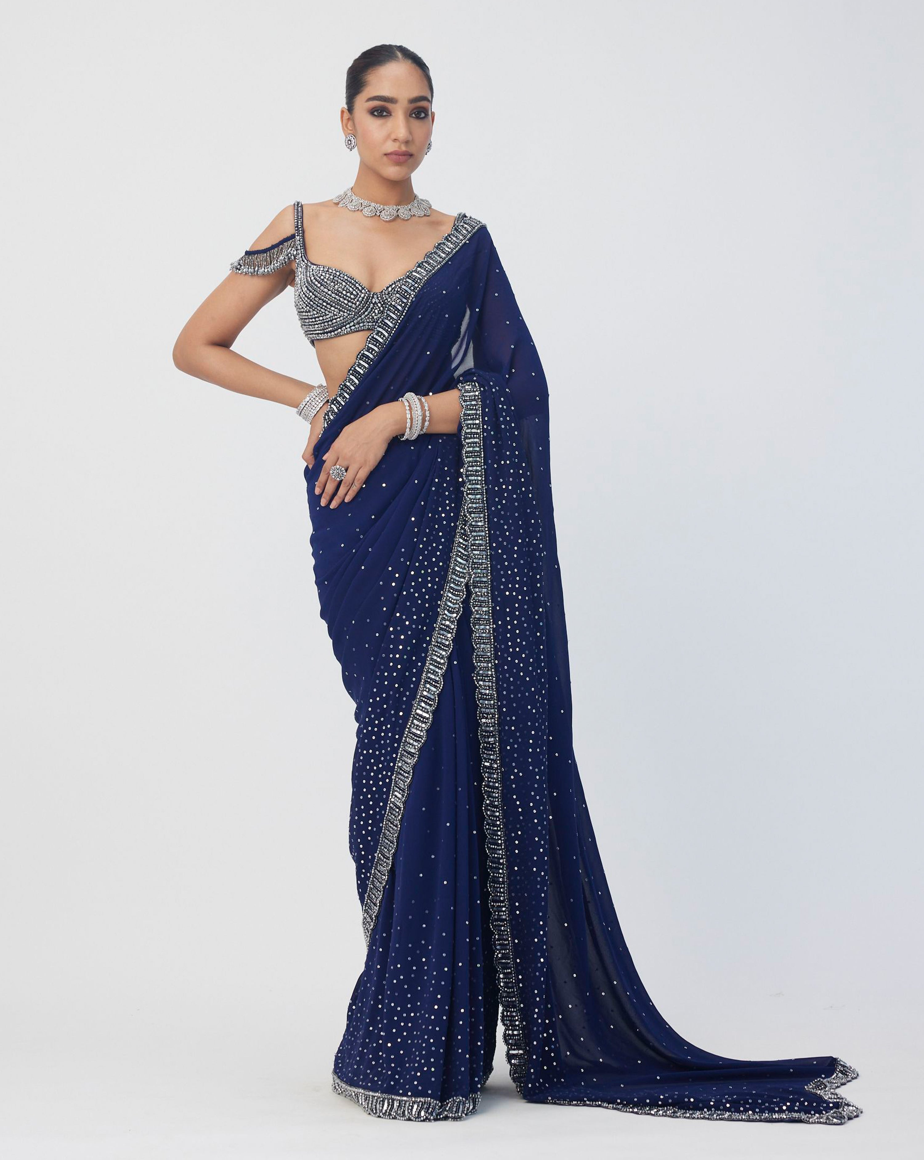 Deep Blue Sequins Embroidered Saree Set