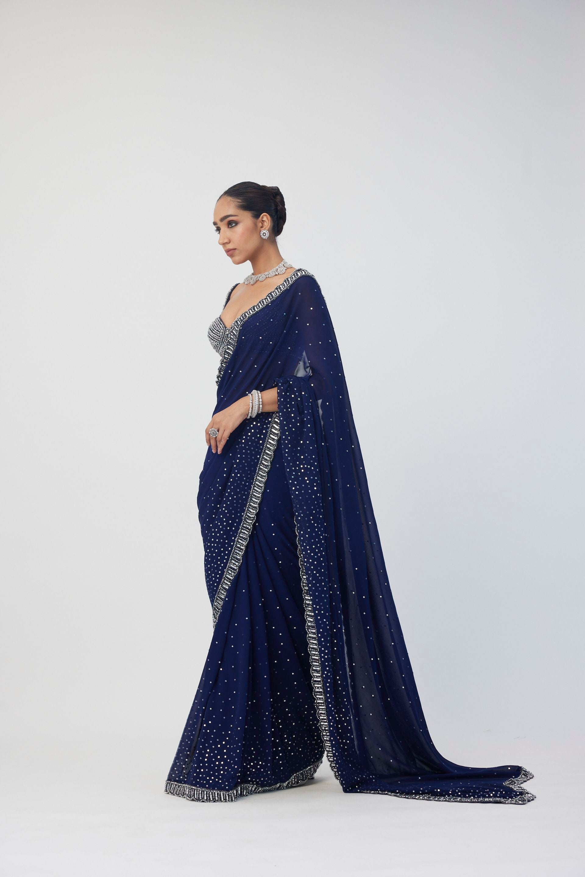 Deep Blue Sequins Embroidered Saree Set