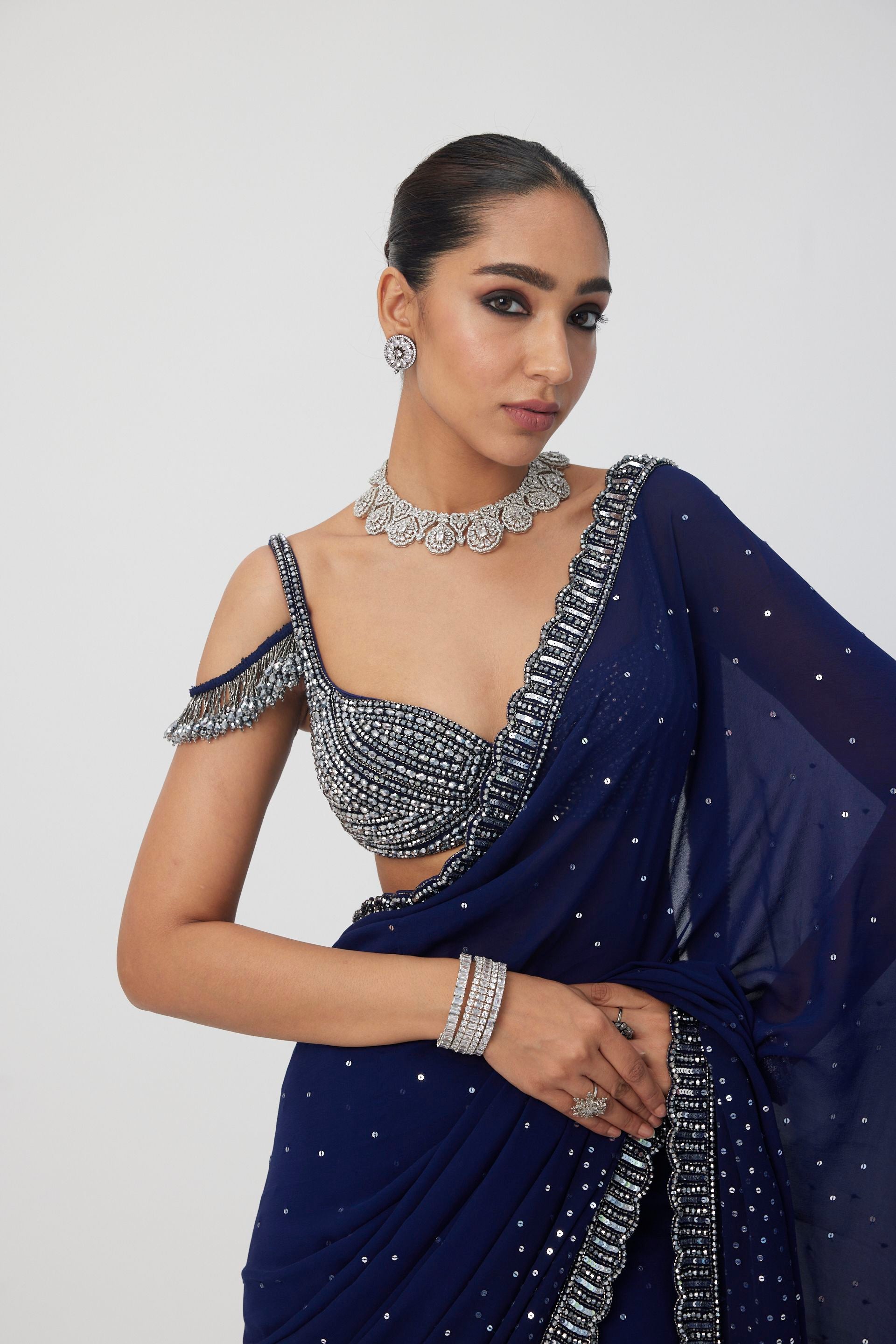 Deep Blue Sequins Embroidered Saree Set