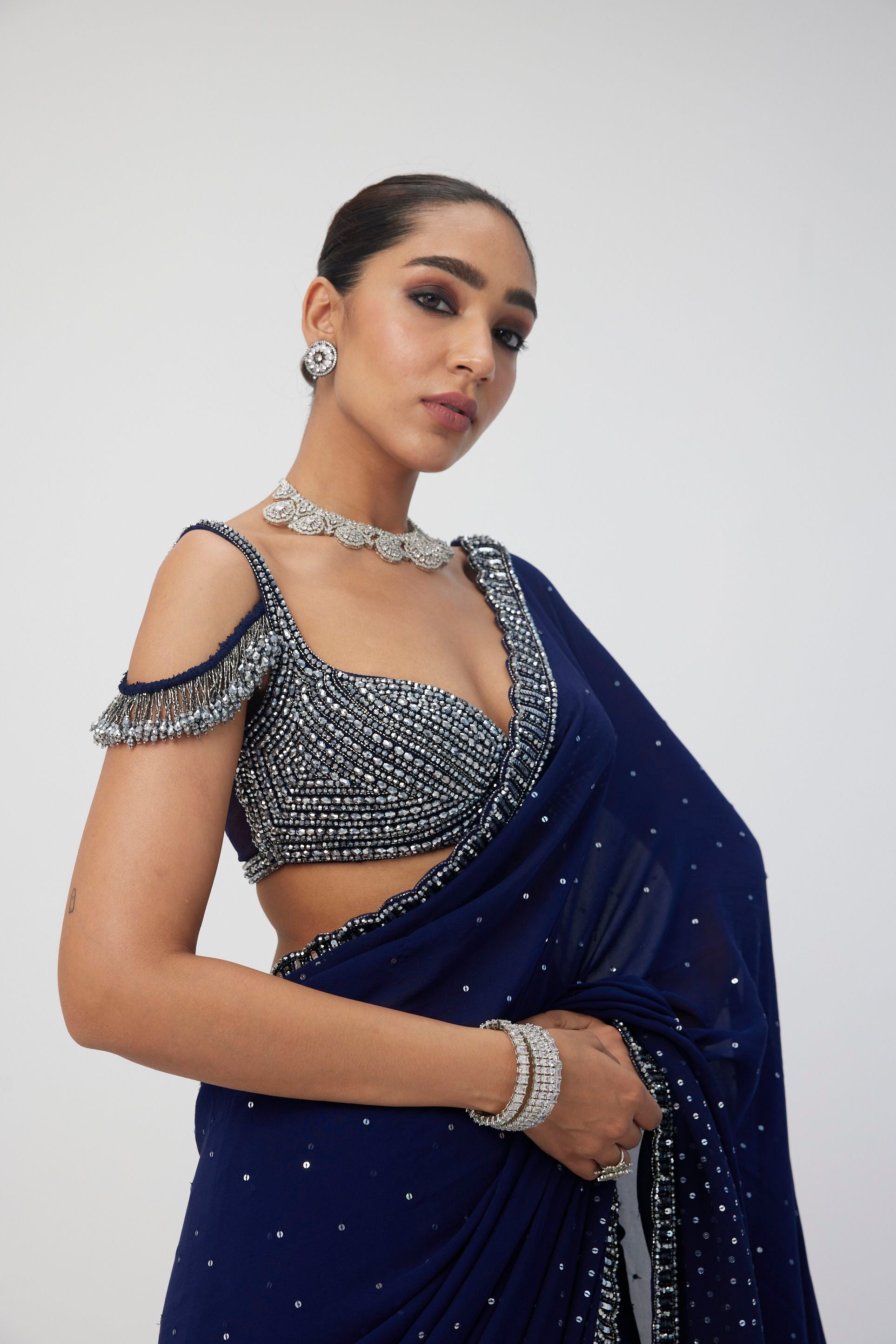 Deep Blue Sequins Embroidered Saree Set