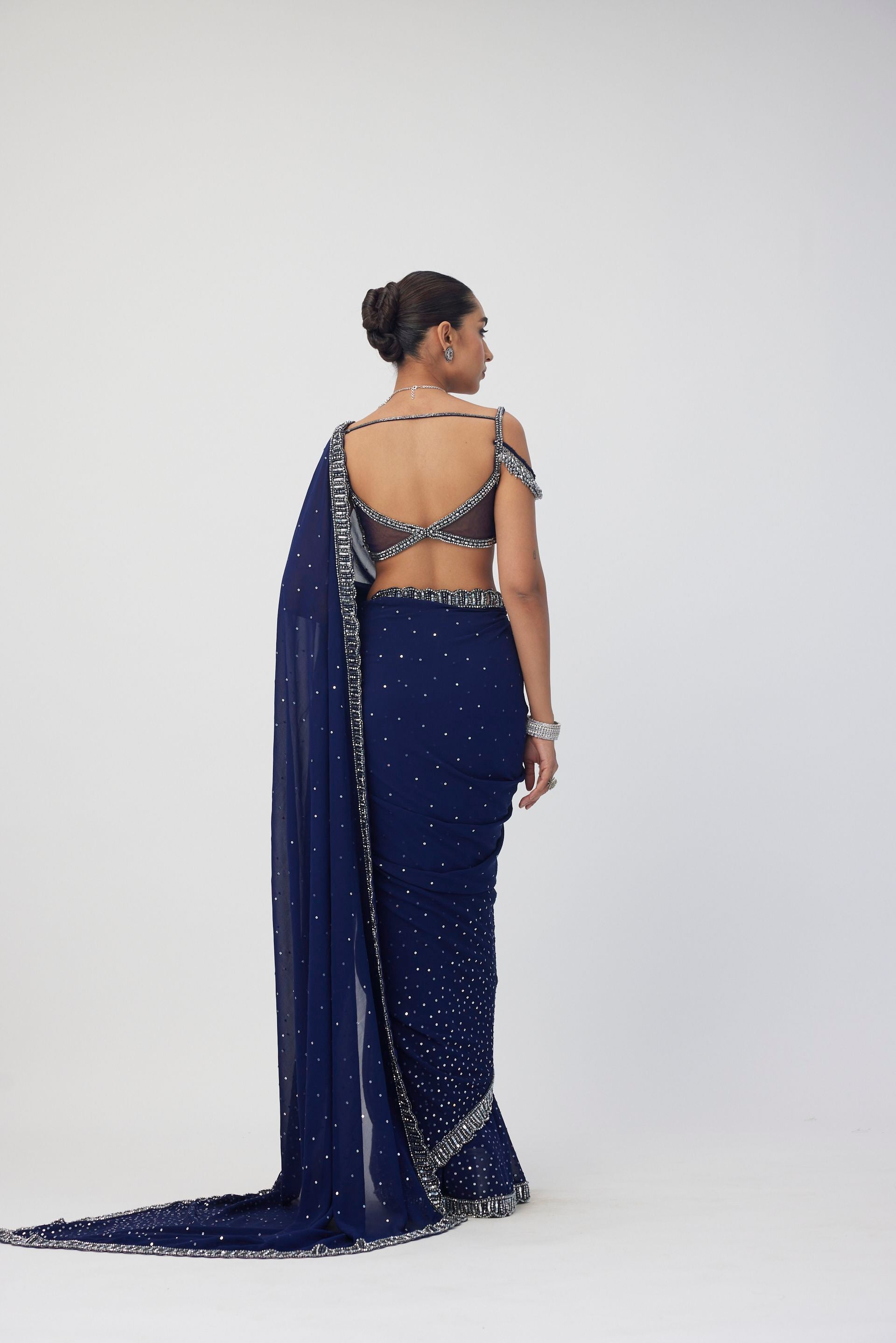 Deep Blue Sequins Embroidered Saree Set