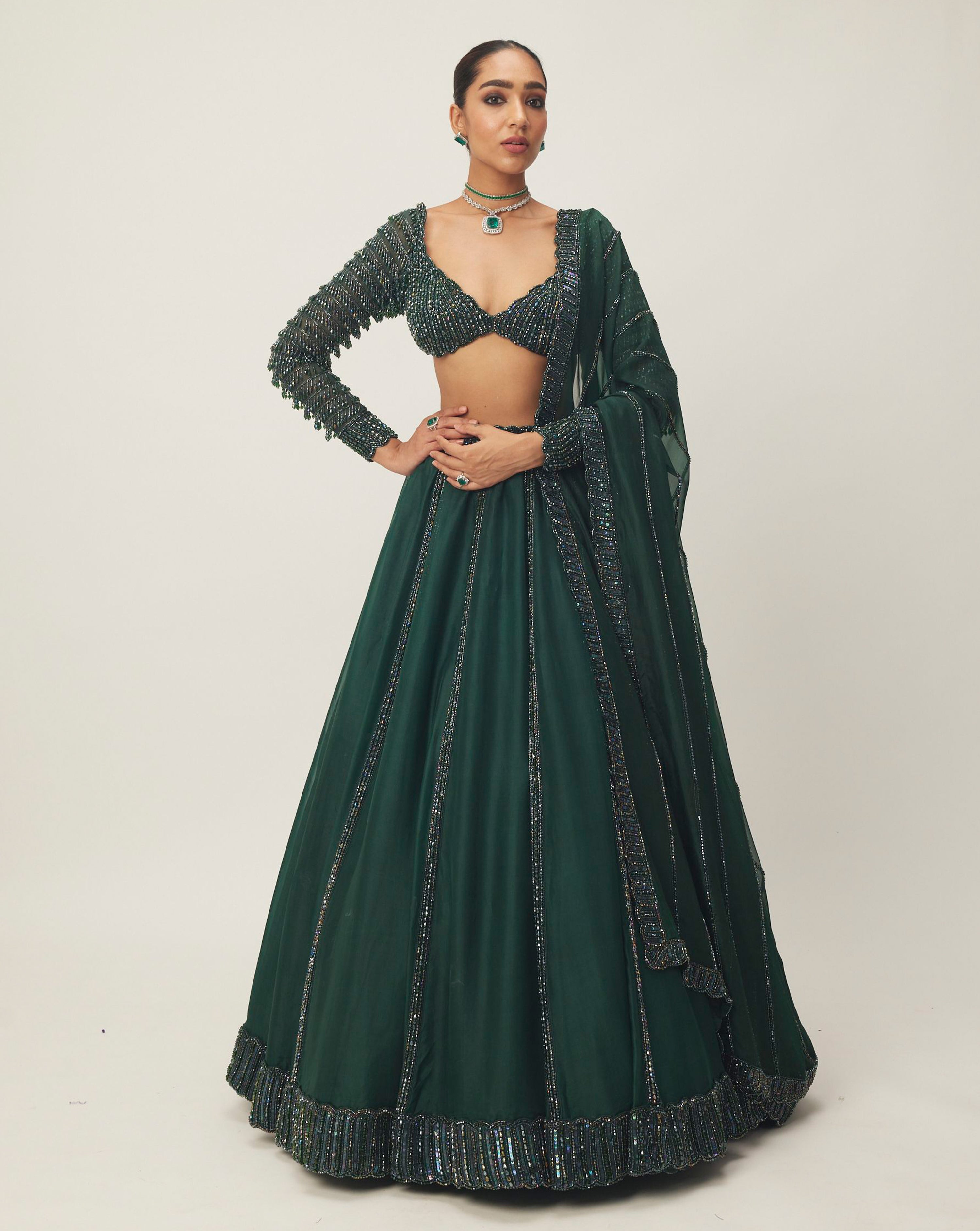 Dark Jade Green Organza Lehenga Set