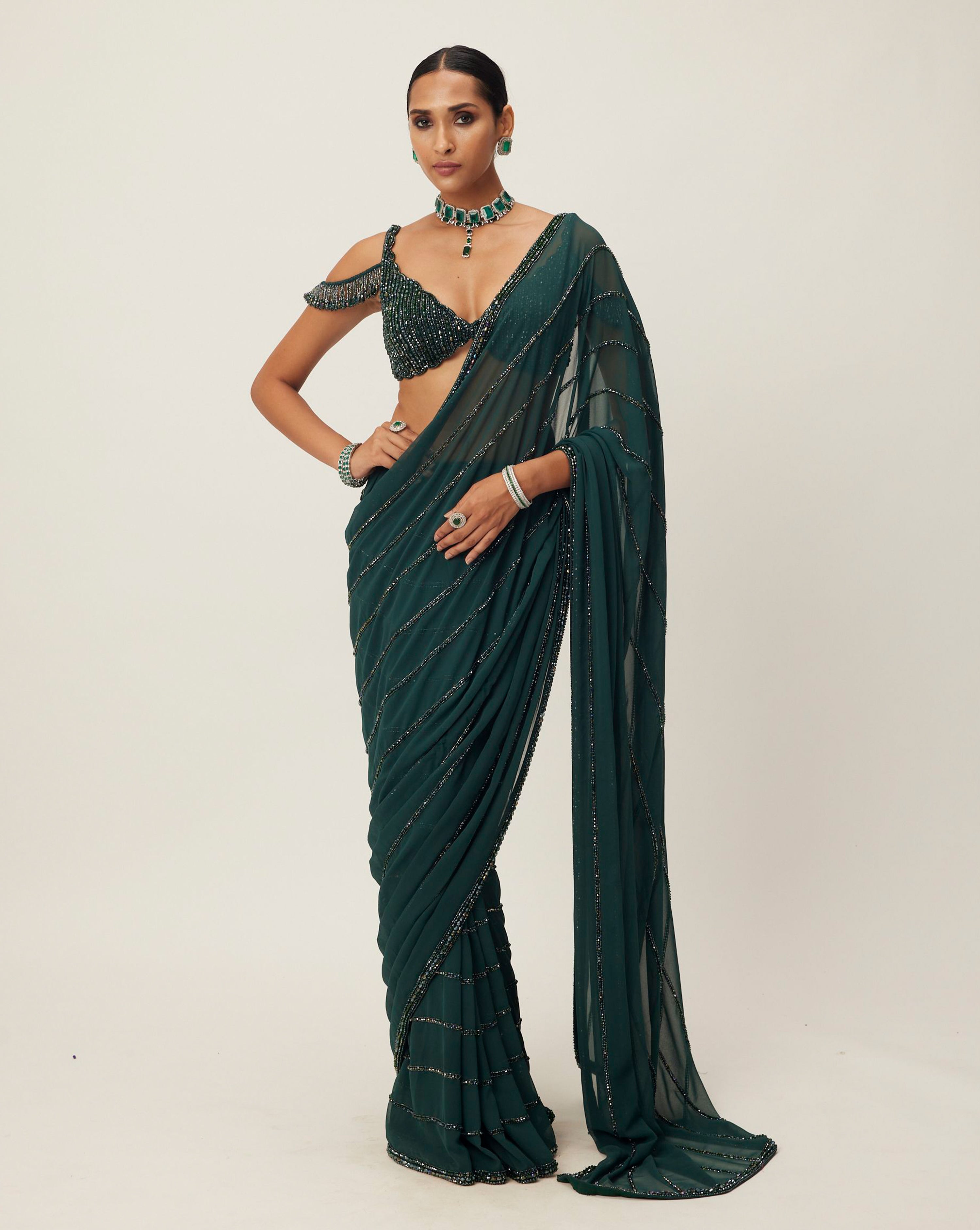 Dark Jade Green Crystal Linear Embroidered Saree