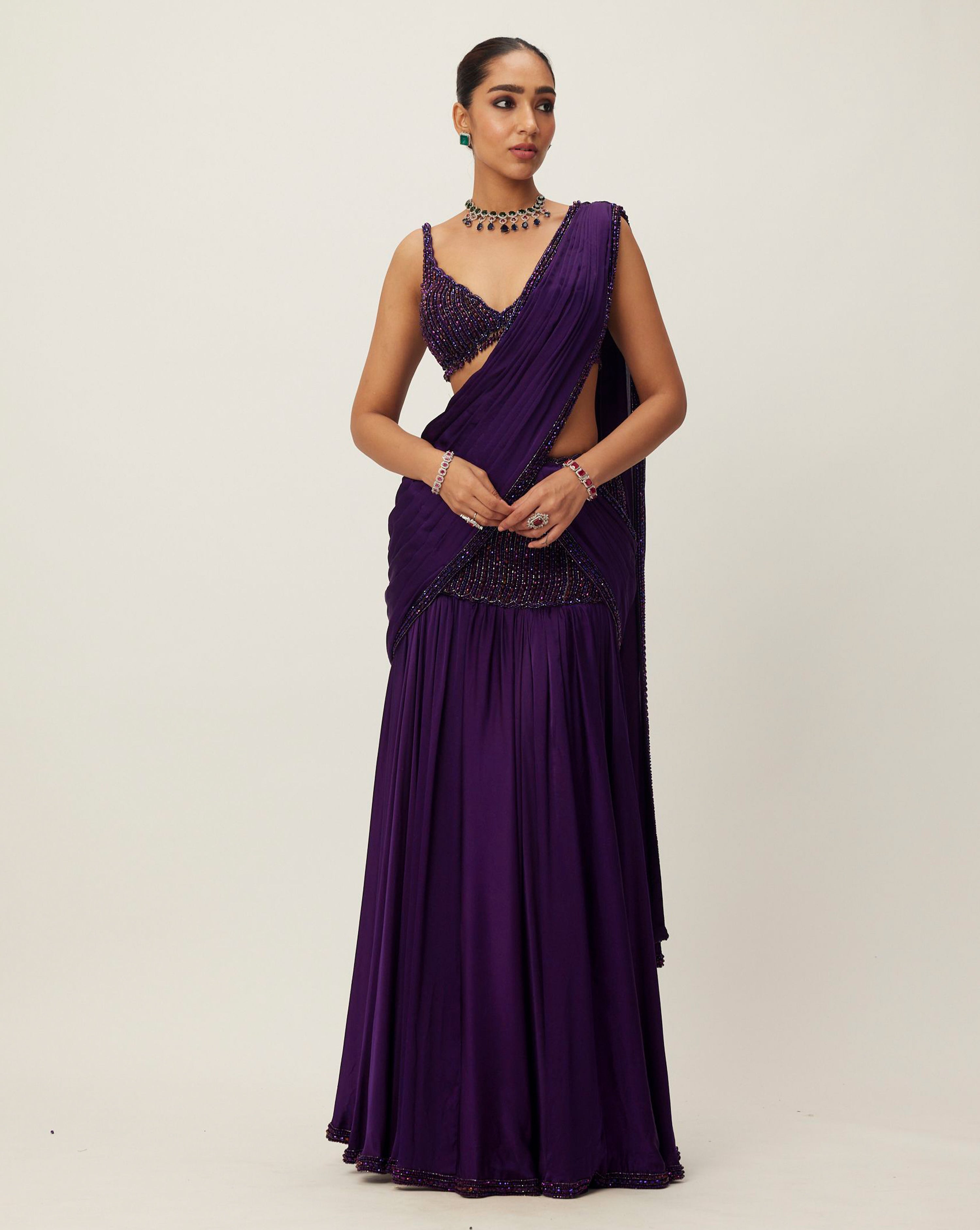 Royalty Purple Pre Draped Crystal Beaded Saree Set