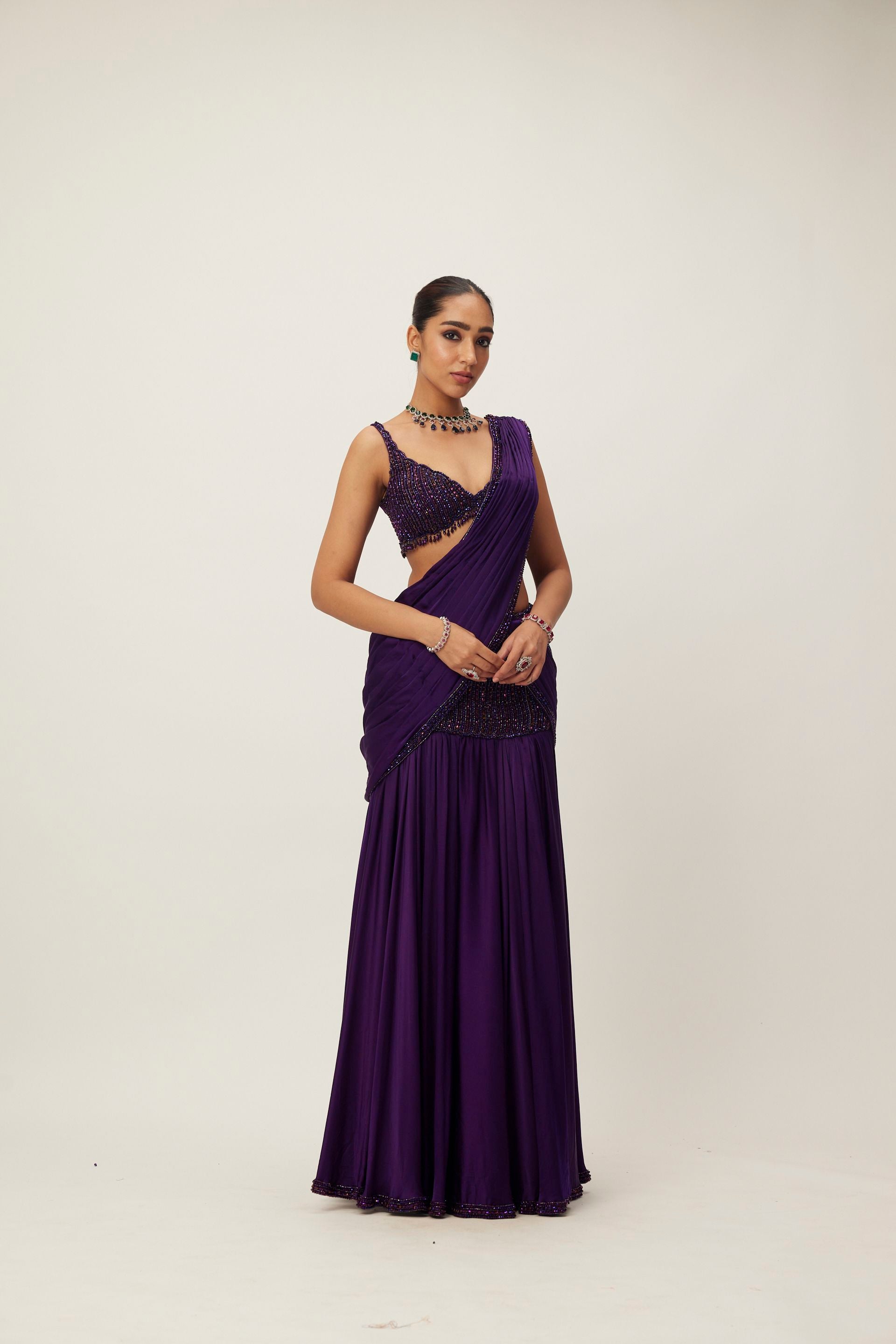 Royalty Purple Pre Draped Crystal Beaded Saree Set