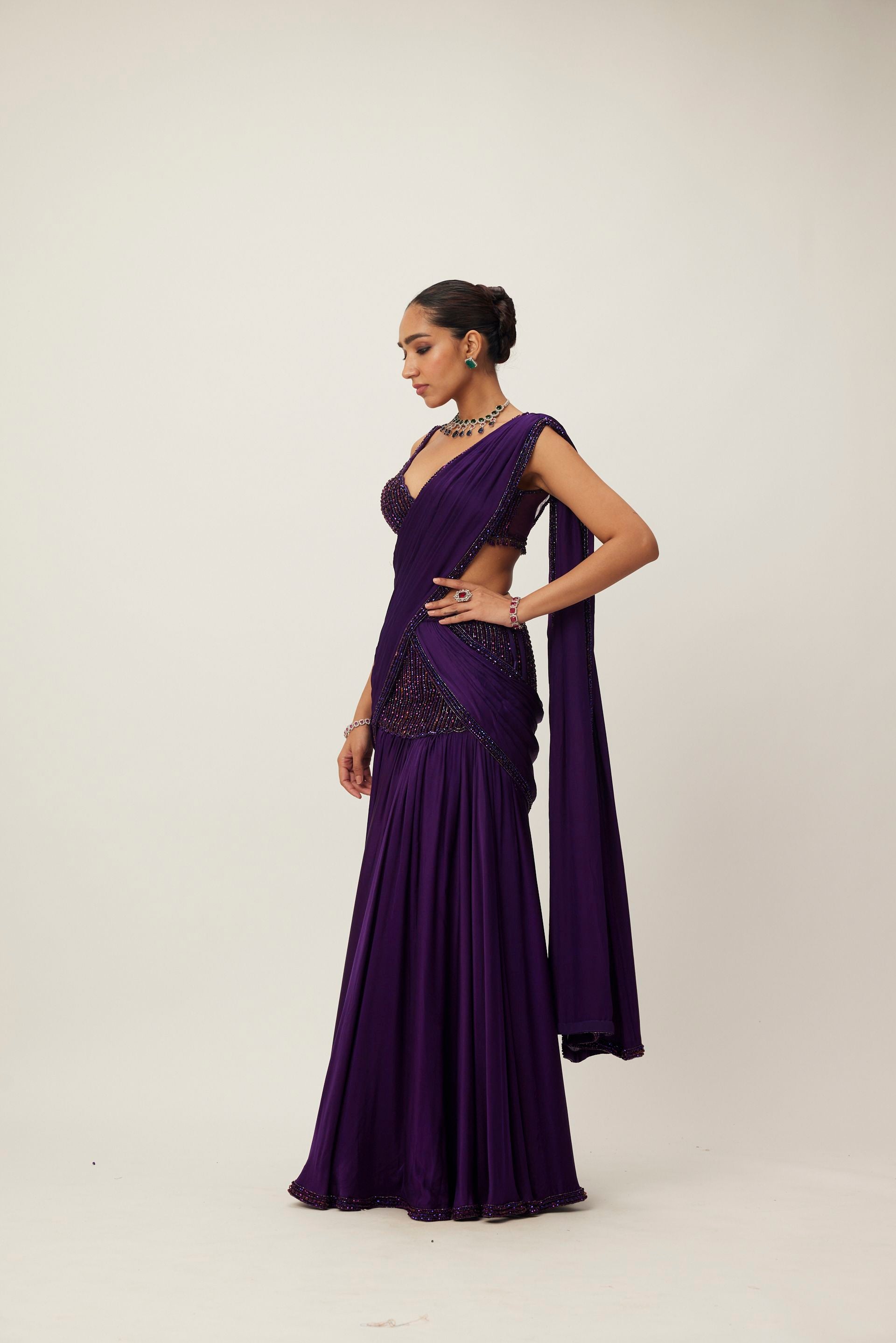 Royalty Purple Pre Draped Crystal Beaded Saree Set