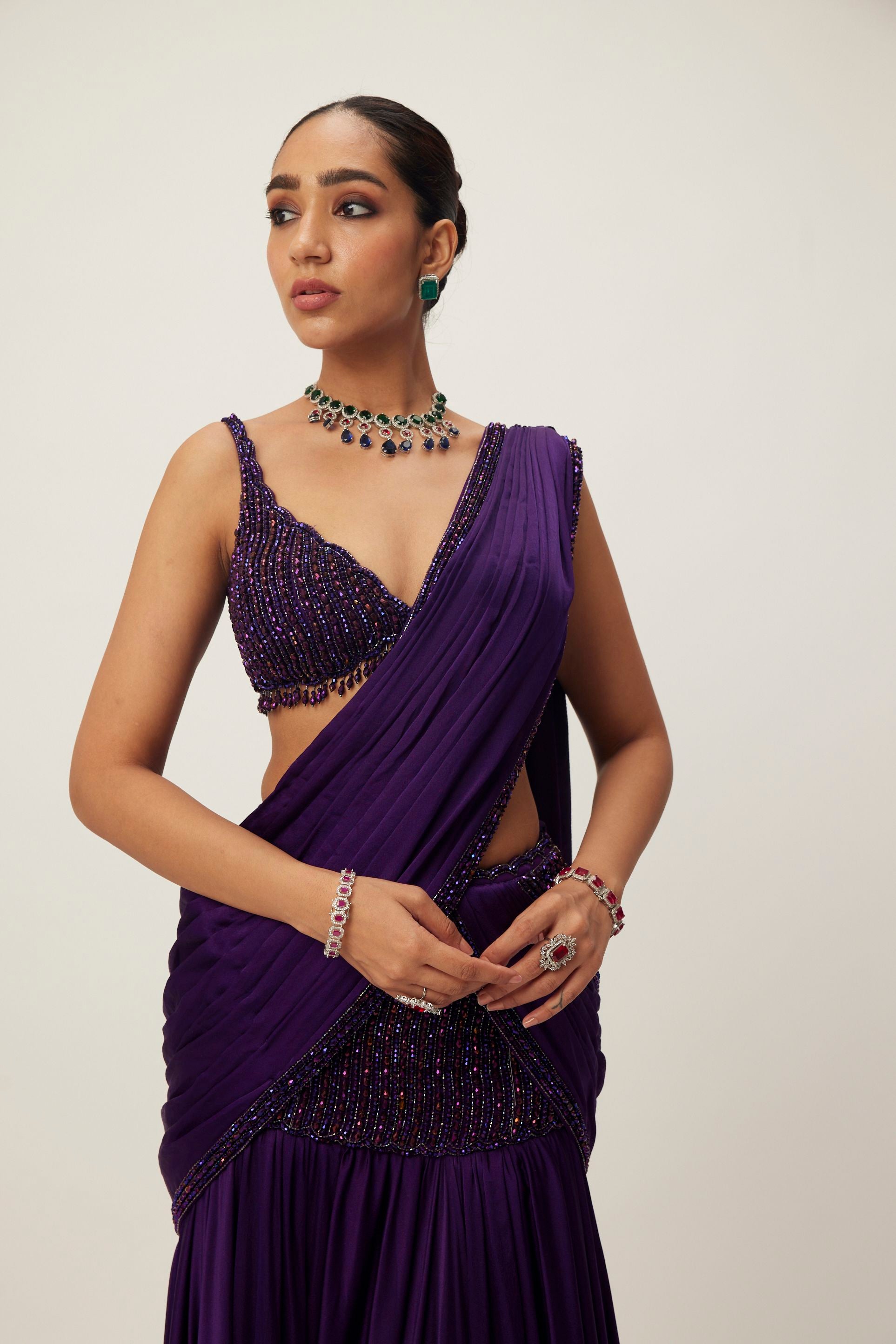 Royalty Purple Pre Draped Crystal Beaded Saree Set