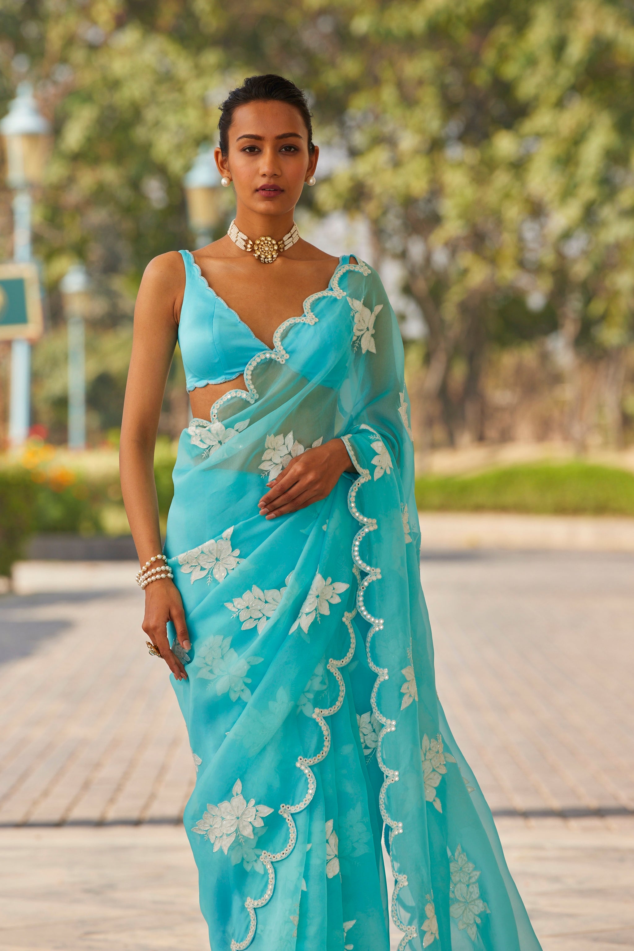 Blue Flower Saree Set