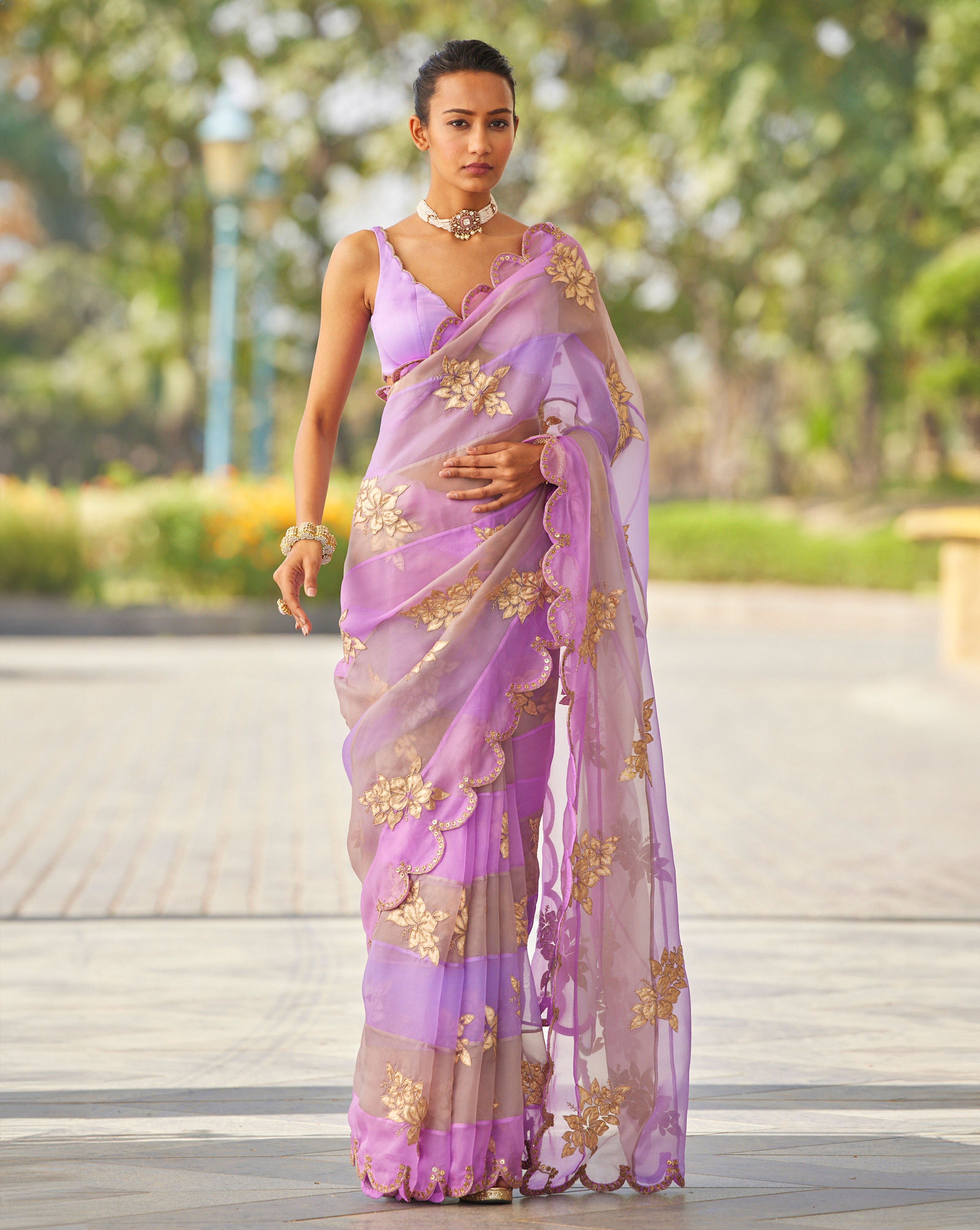 Mauve Multicolor Flower Saree Set