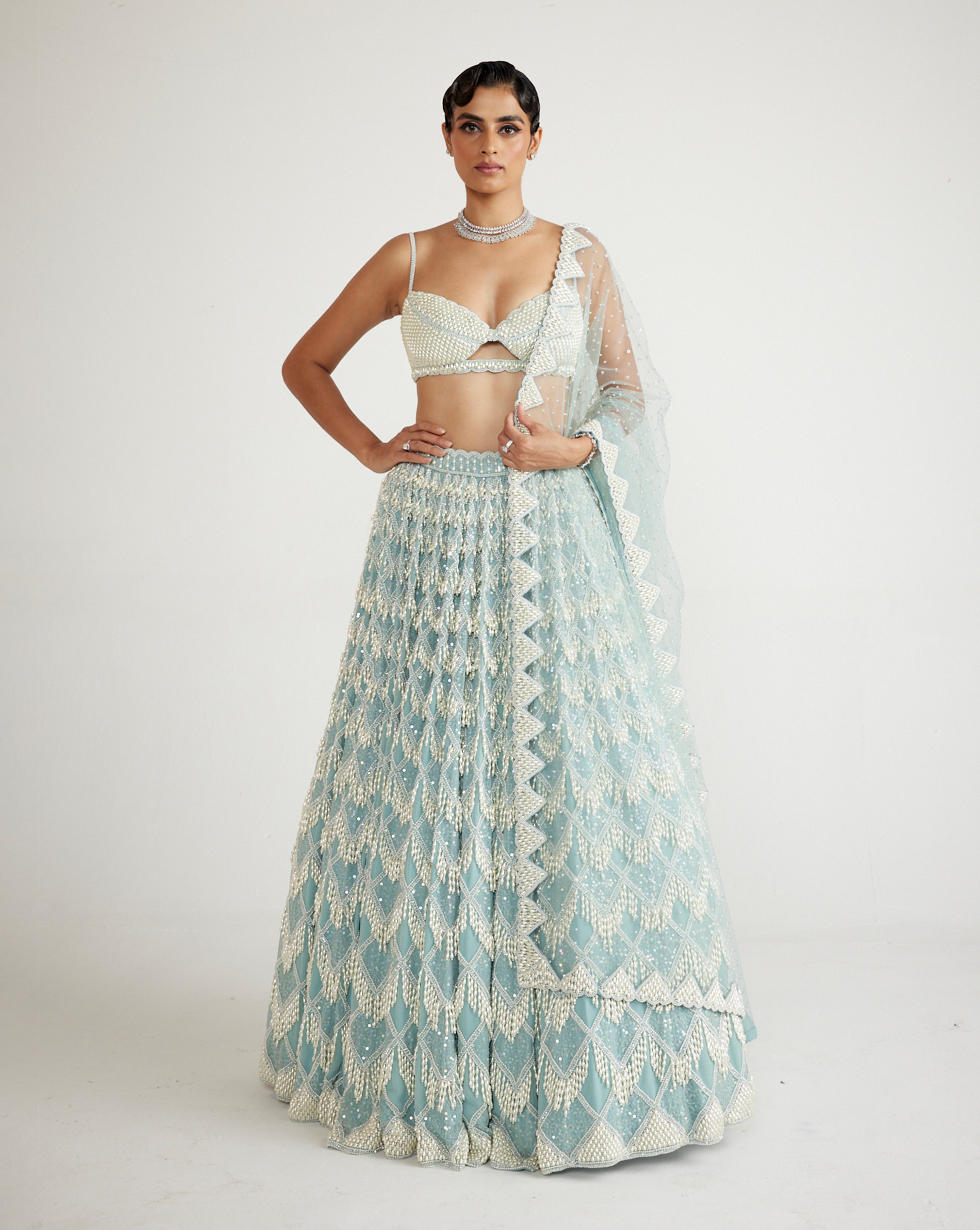 Powder Blue Chandelier Pearl Drop Lehenga Set