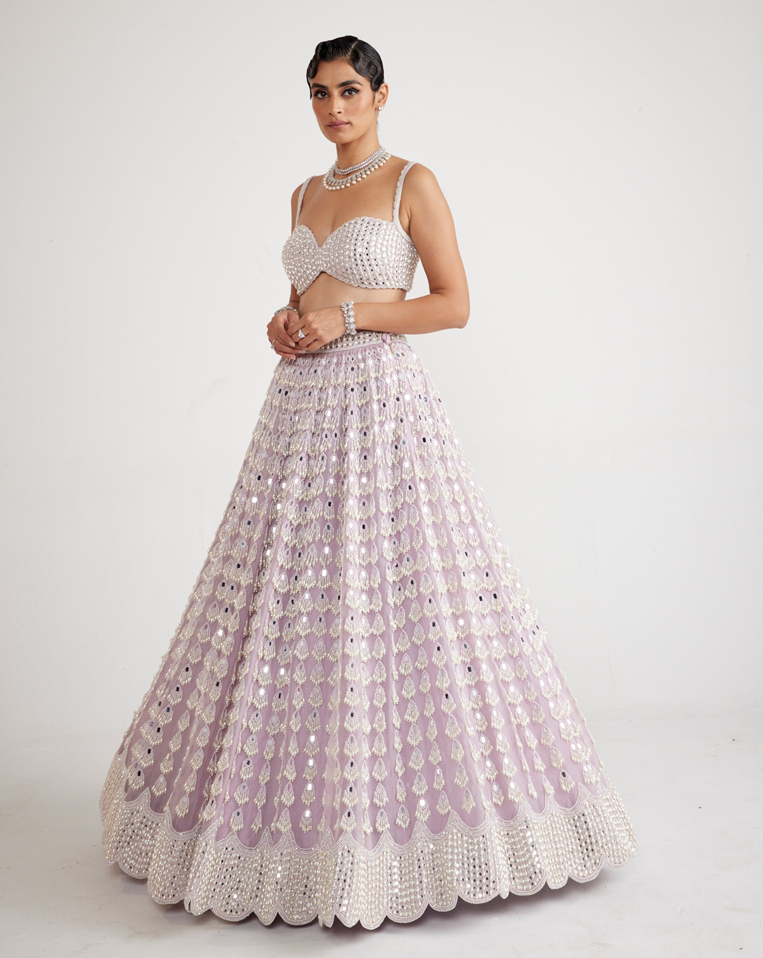 Powder Lilac Chandelier Pearl Drop Lehenga Set