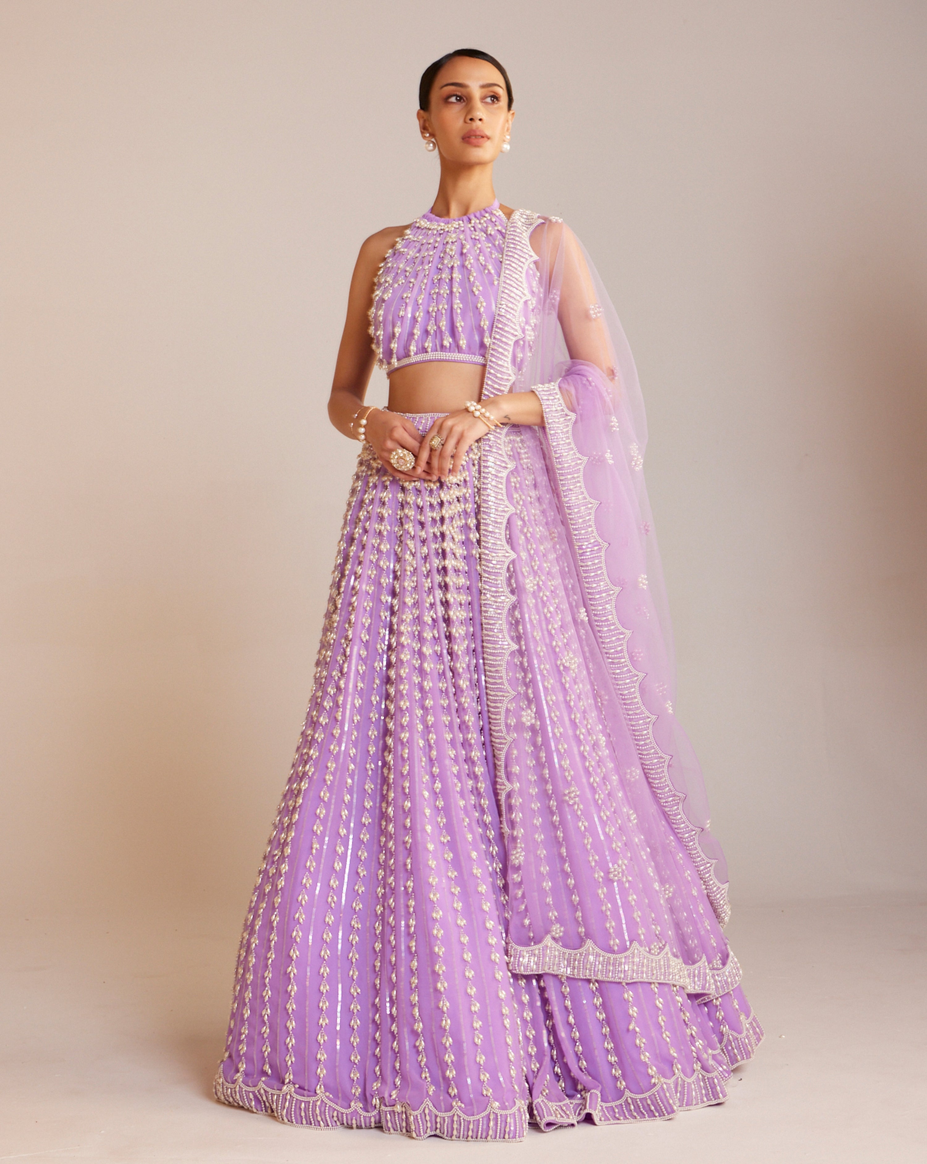 Lilac Chandelier Pearl Halter Neck Lehenga Set