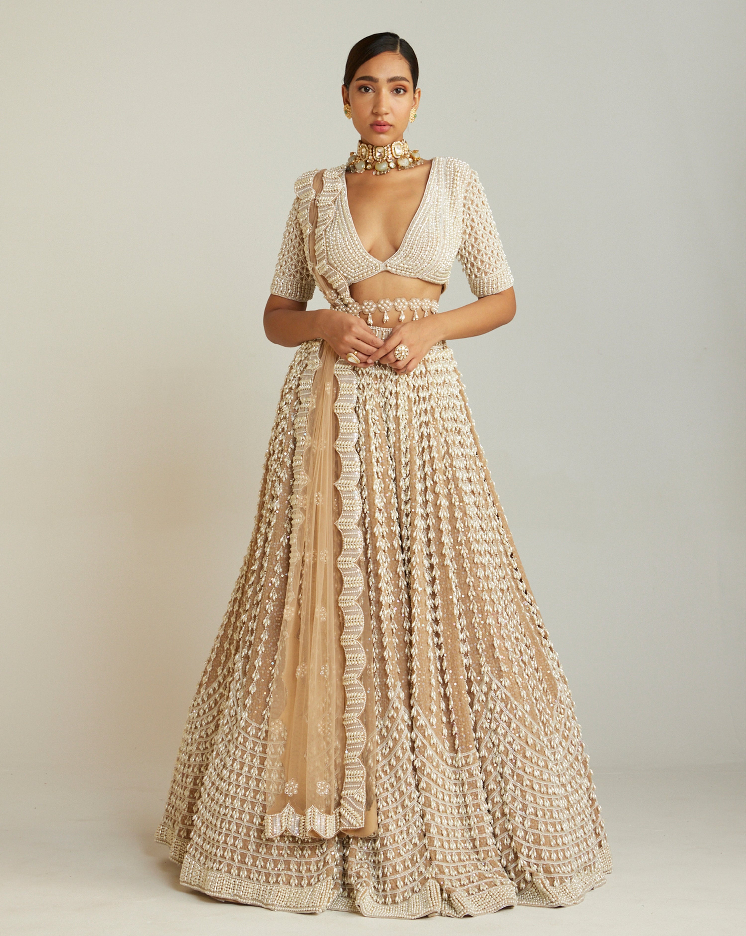 Beige V Neck Chandelier Pearl Lehenga Set