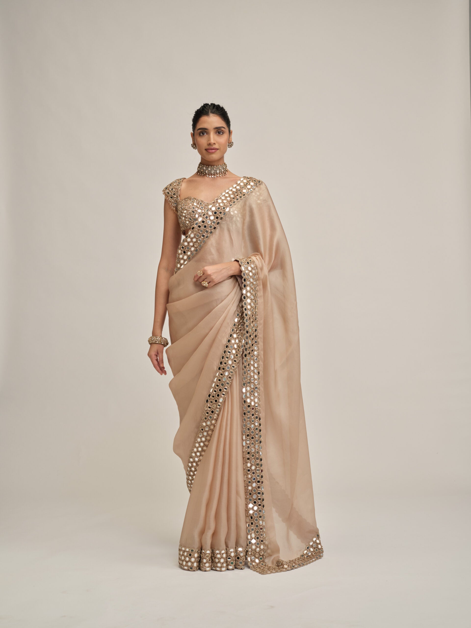 Light Beige Mirror Border Saree Set 1