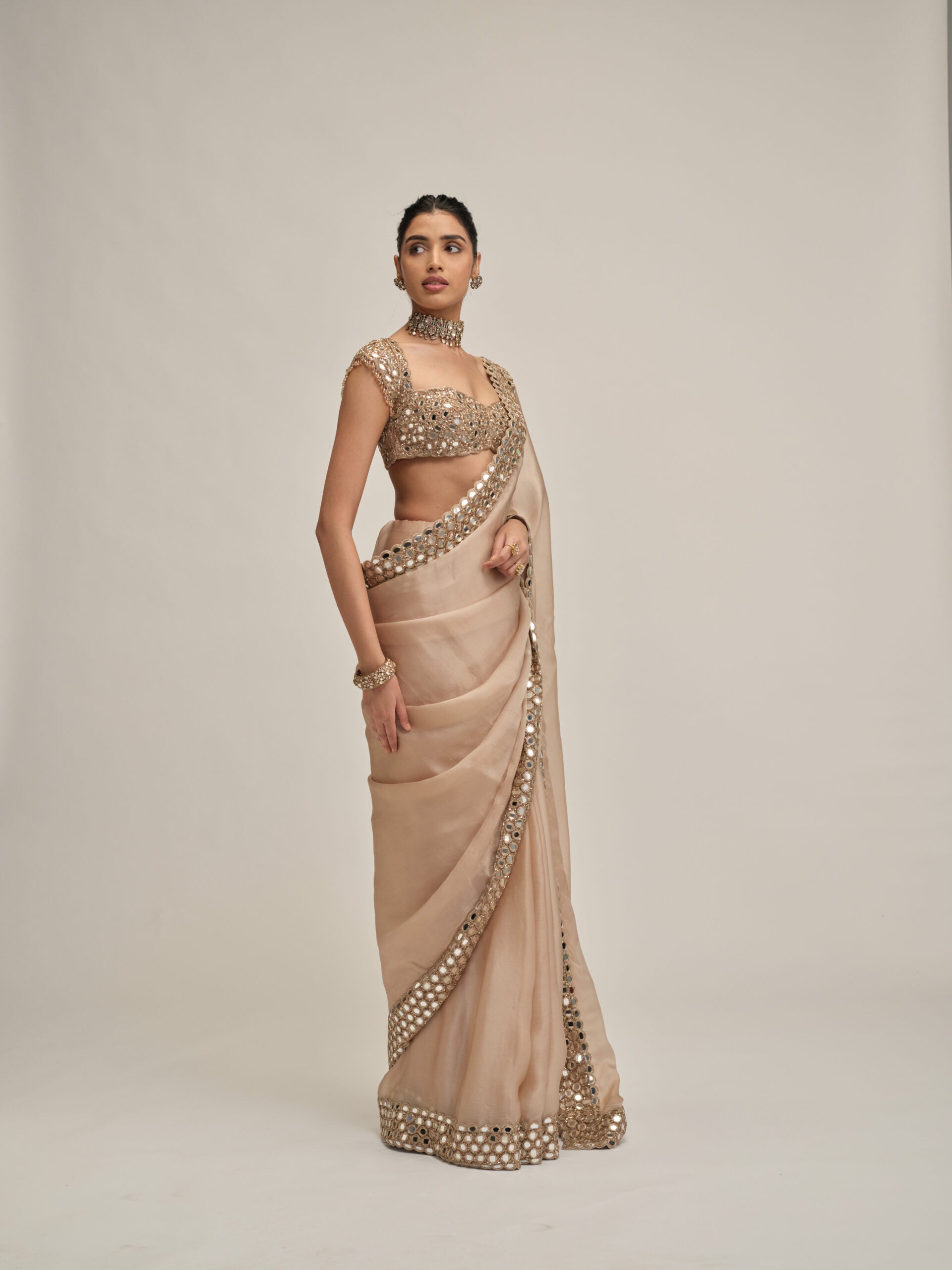Light Beige Mirror Border Saree Set 4